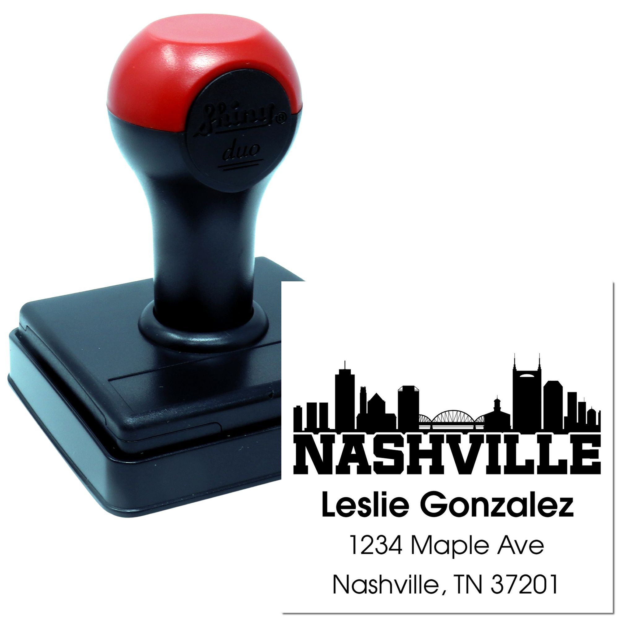 Custom self-inking rubber stamp for Nashville return address labels with skyline design and personalized name and address.