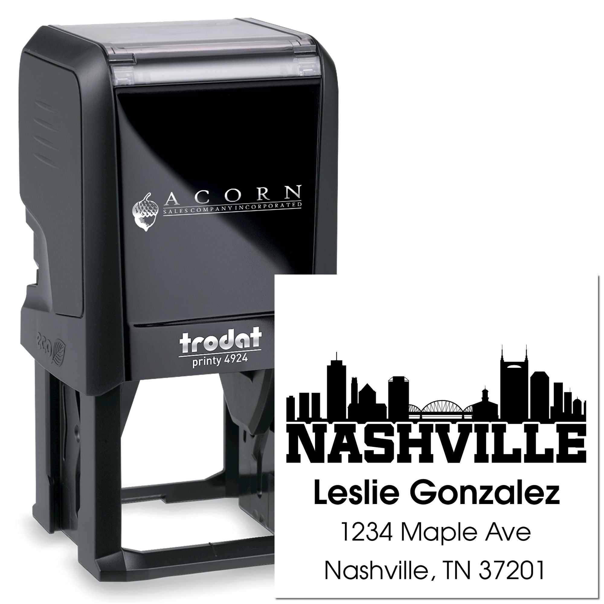 Custom Nashville self-inking rubber stamp with skyline design, name, and address for business mailings.