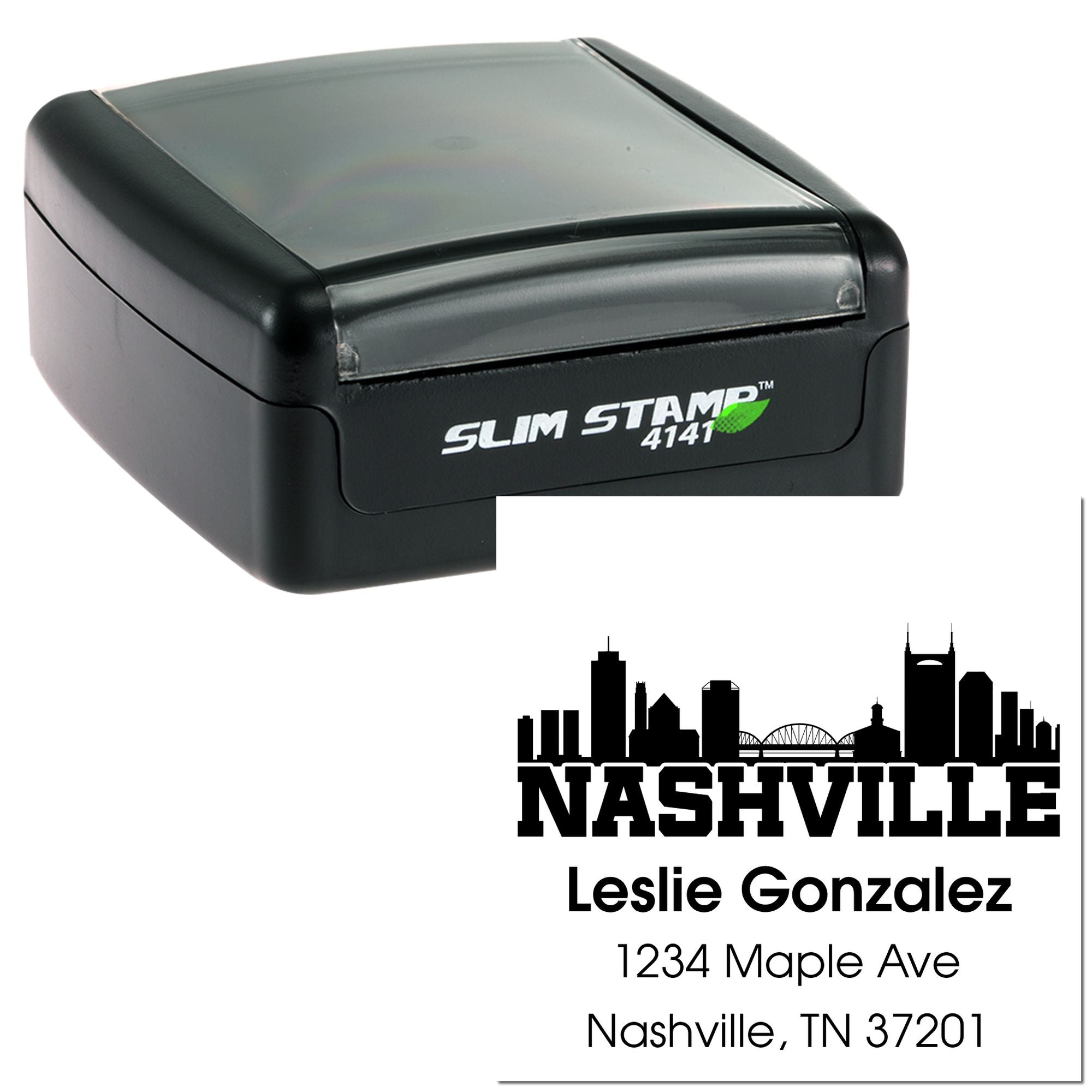 Slim Stamp 4141 self-inking rubber stamp for custom Nashville return address imprint with skyline design.
