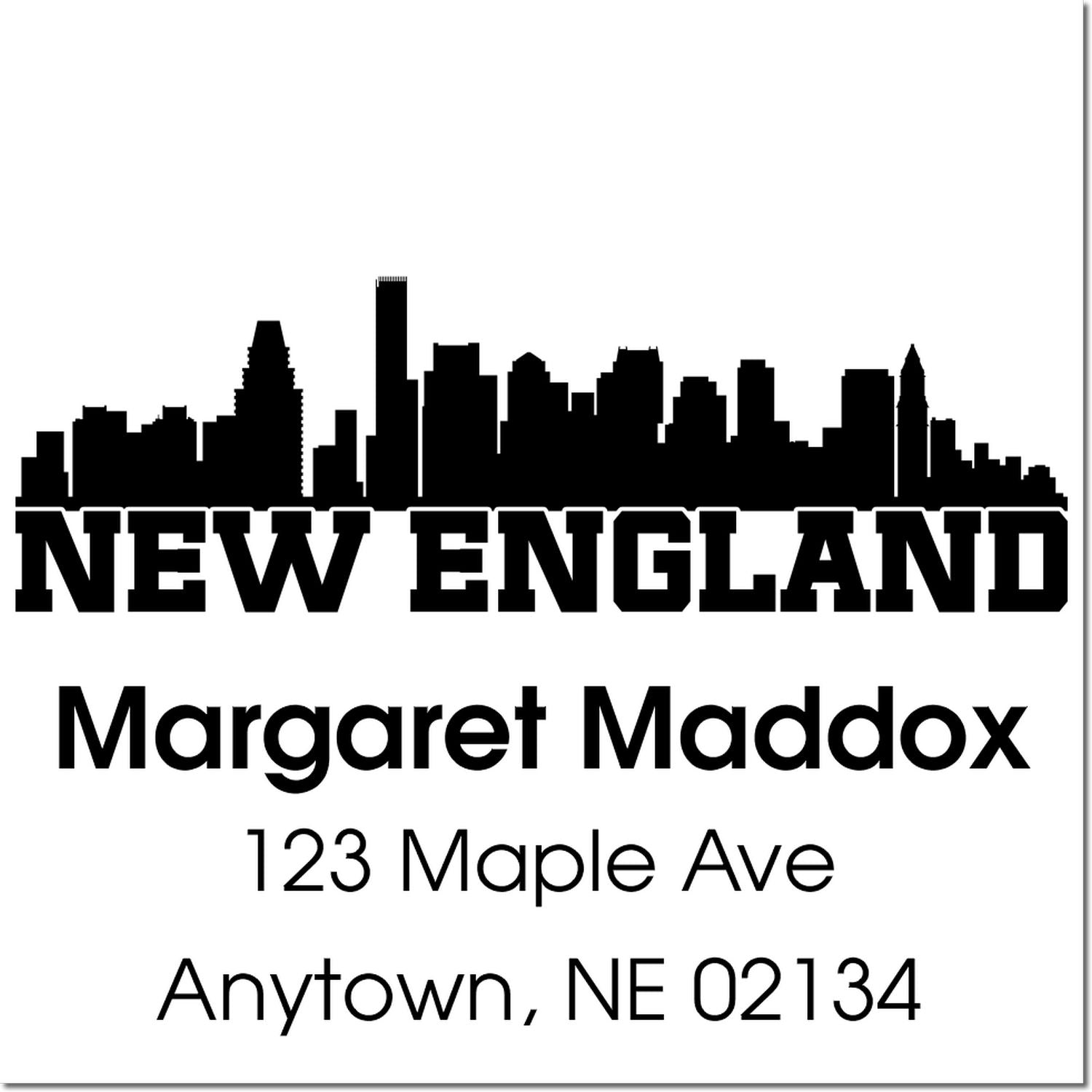 Custom New England personalized address rubber stamp with skyline silhouette, Margaret Maddox, 123 Maple Ave, Anytown, NE 02134.