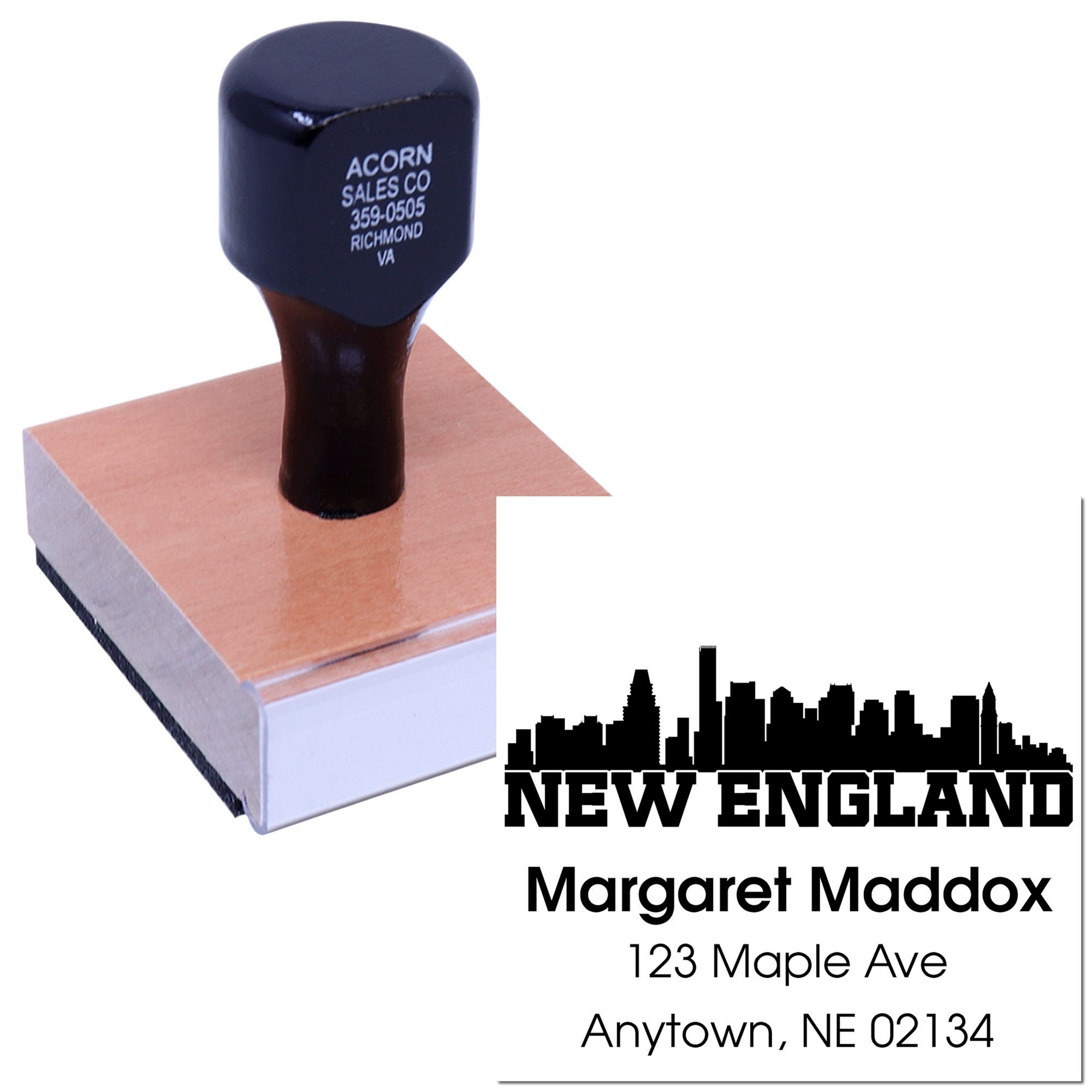 Custom address rubber stamp with New England skyline logo, name, and mailing address.