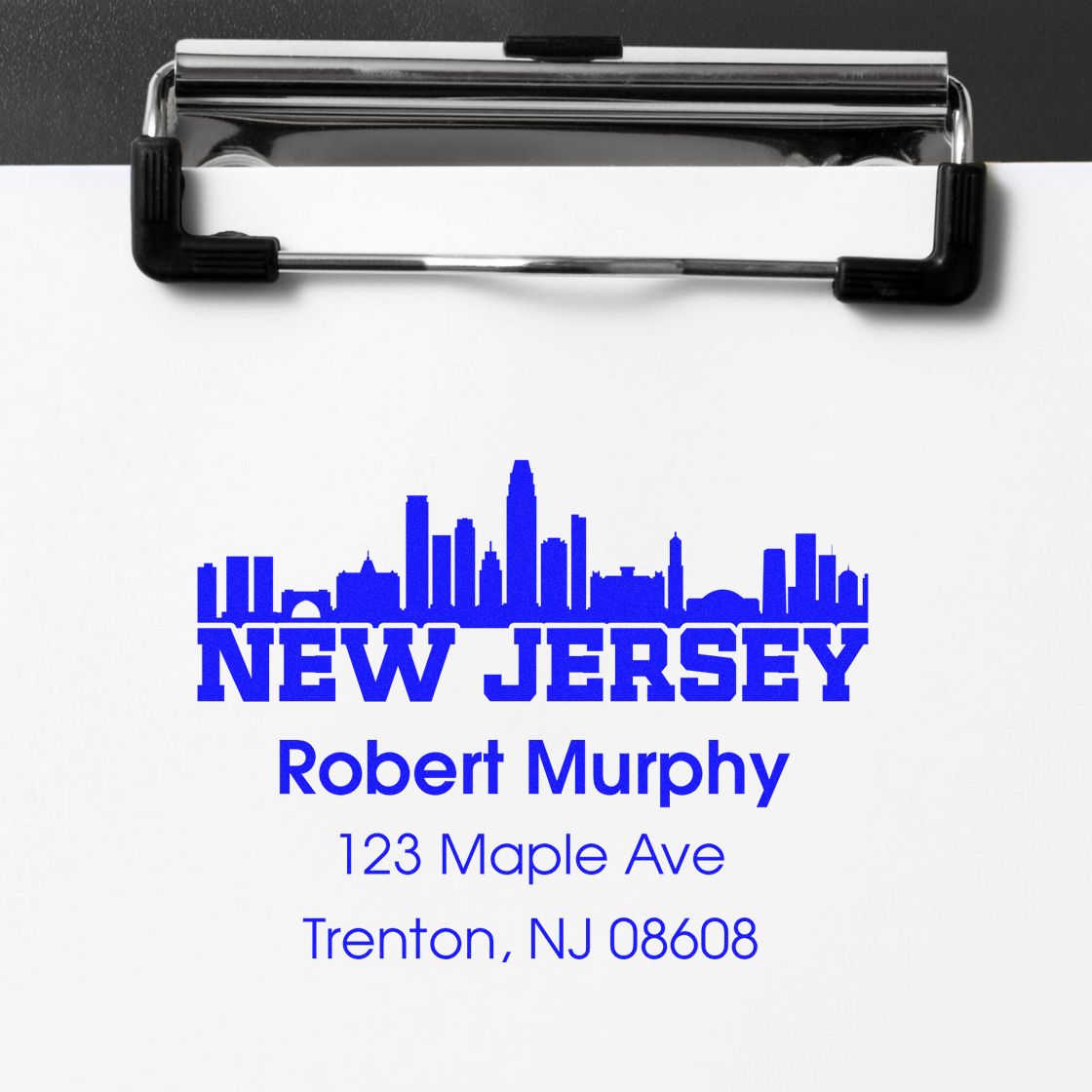 New Jersey address rubber stamp for Robert Murphy, 123 Maple Ave, Trenton, NJ 08608, with skyline logo.