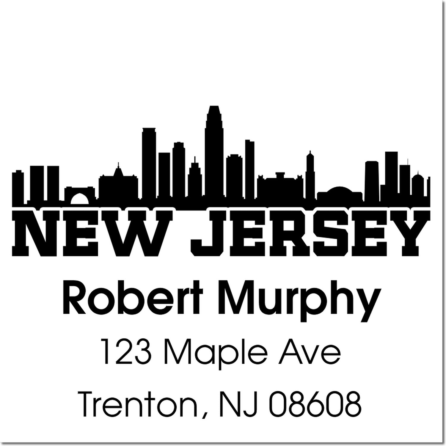 Custom New Jersey skyline address stamp with Robert Murphy, 123 Maple Ave, Trenton, NJ 08608
