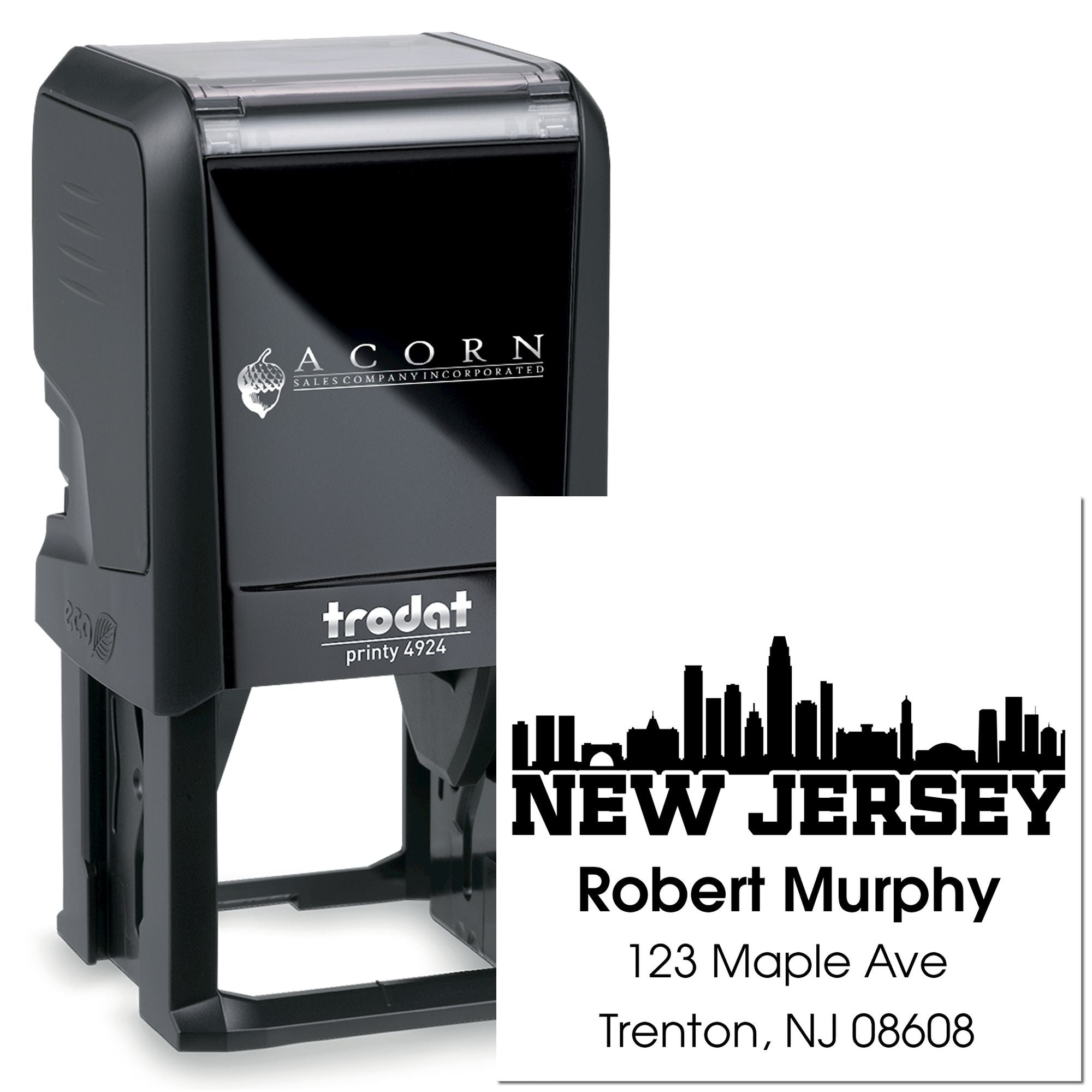 Custom self-inking rubber stamp with New Jersey skyline, address and name imprint for mail, office and business use.