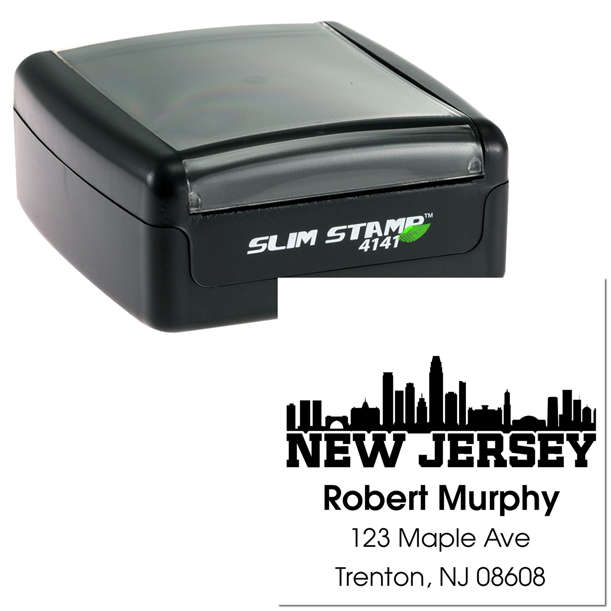 Self-inking New Jersey address rubber stamp with skyline logo for Robert Murphy, Trenton, NJ mailing use