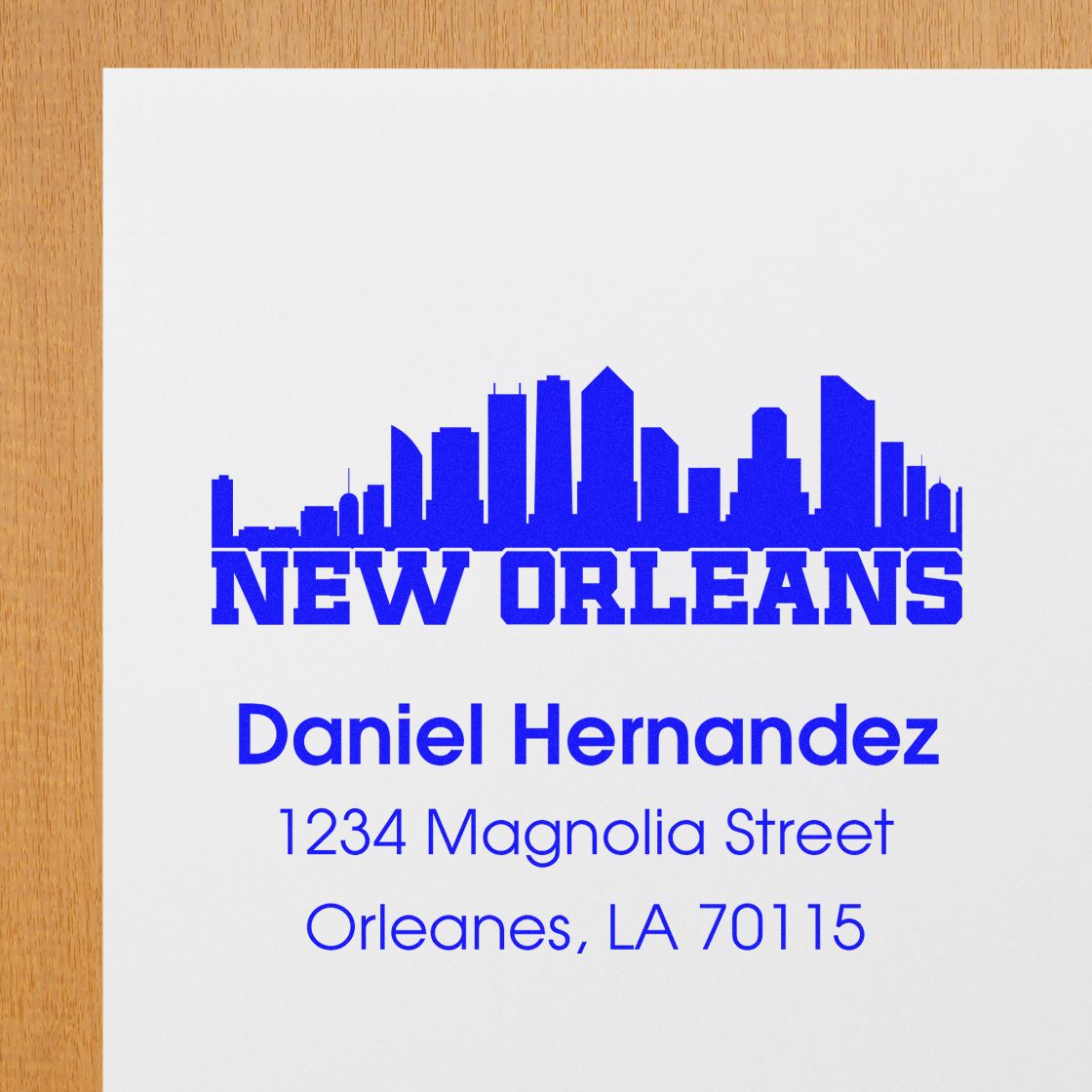 Custom New Orleans return address rubber stamp with skyline, Daniel Hernandez, 1234 Magnolia Street, Orleans, LA 70115