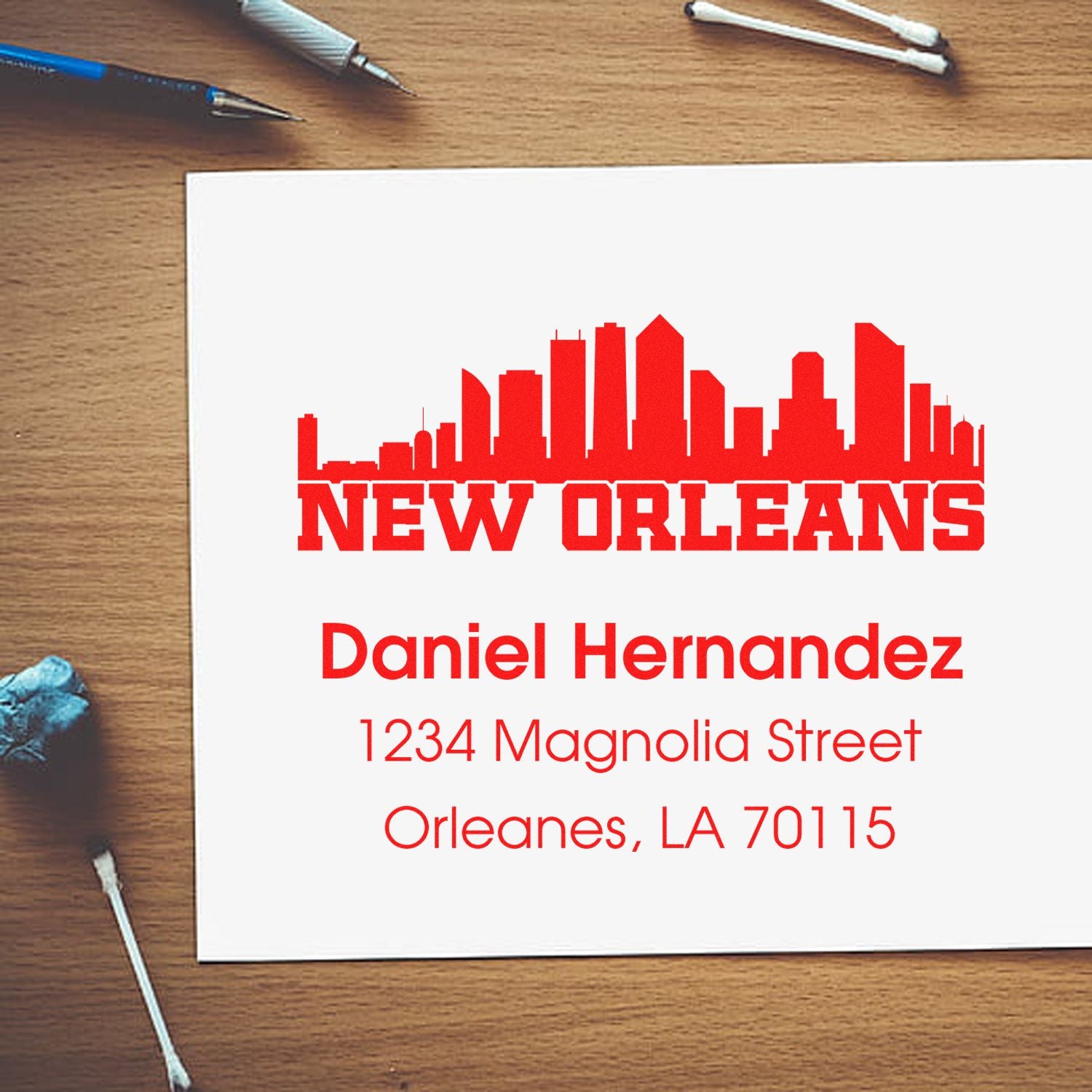Custom New Orleans return address rubber stamp with skyline design for Daniel Hernandez, Magnolia Street, Orleans, LA 70115