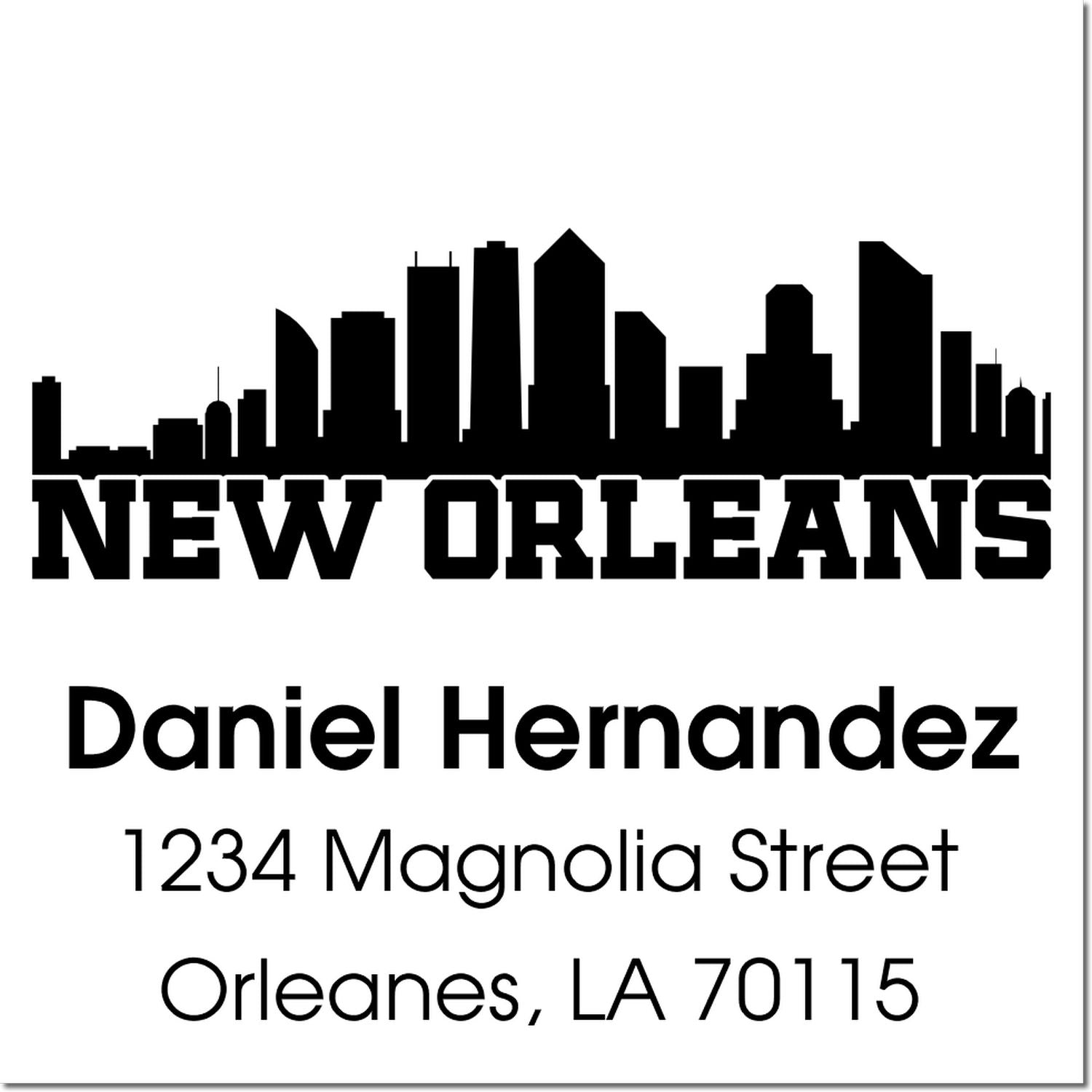 Custom New Orleans address rubber stamp with skyline, personalized for Daniel Hernandez, 1234 Magnolia Street, Orleans, LA 70115