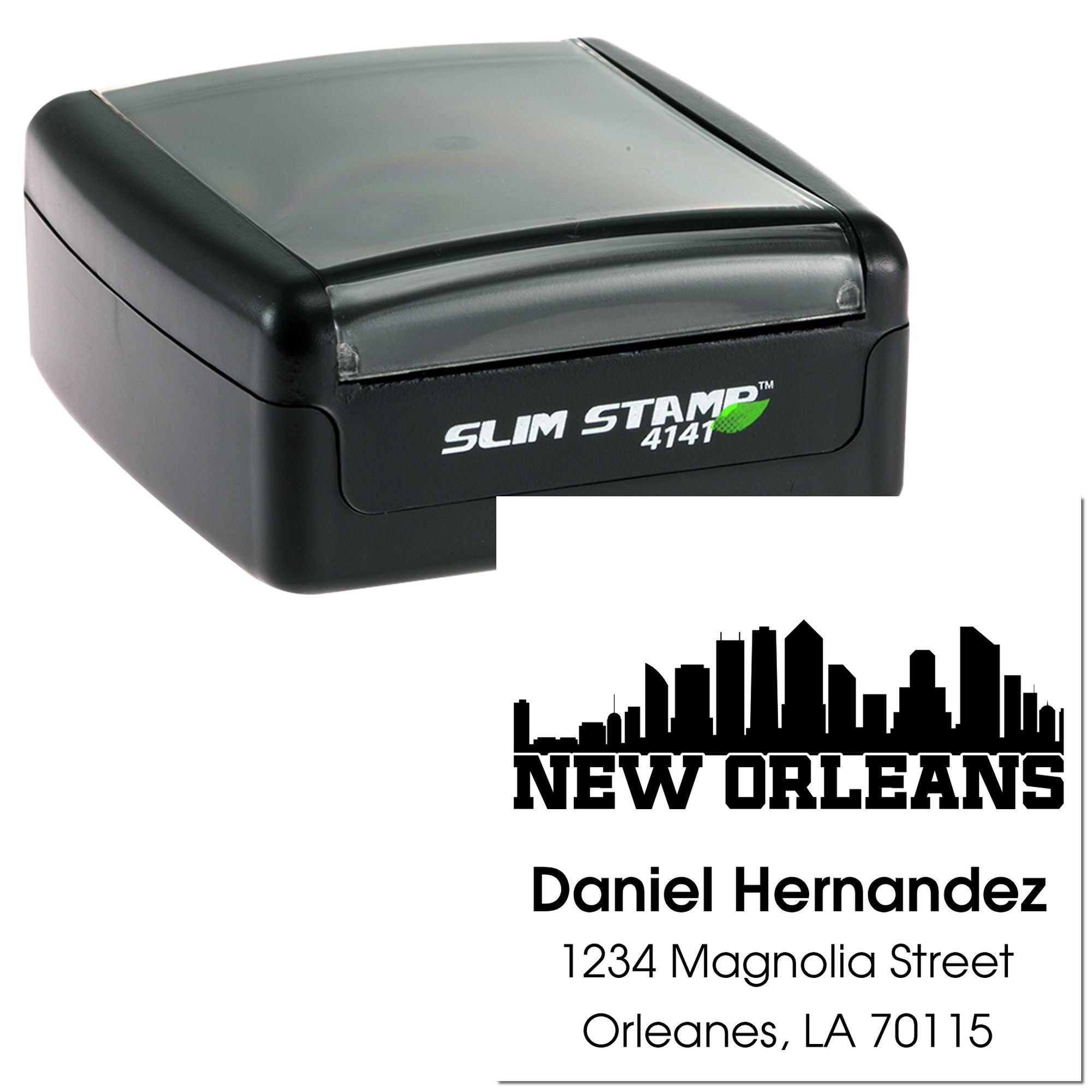 Custom self-inking rubber stamp with New Orleans skyline and Daniel Hernandez return address design.