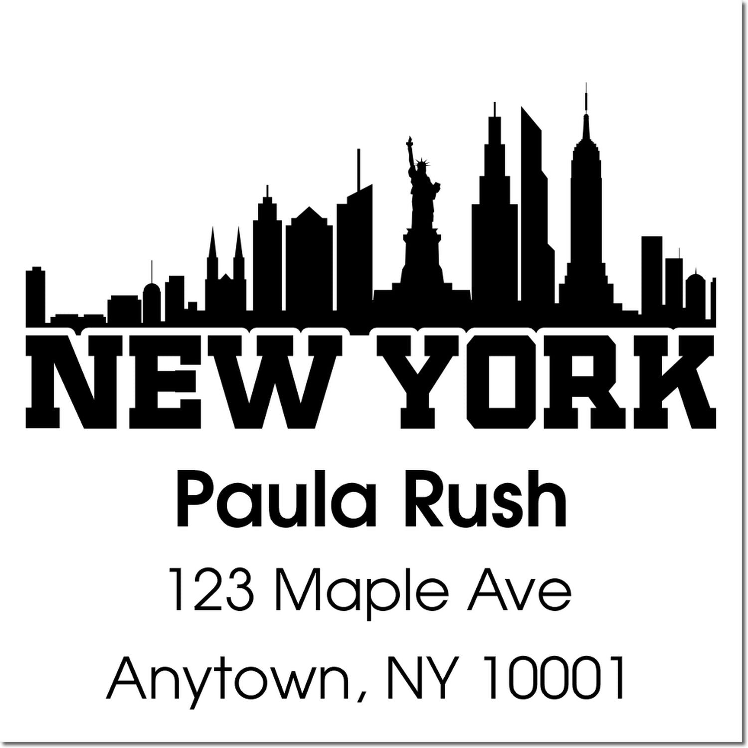 Custom New York skyline return address rubber stamp for Paula Rush, 123 Maple Ave, Anytown, NY 10001.