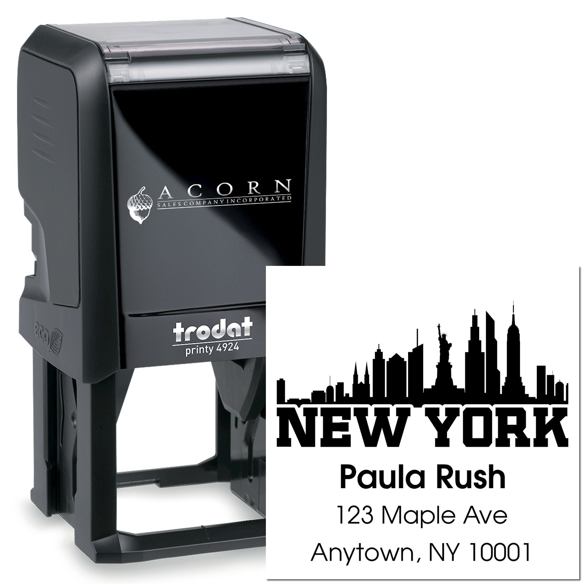 Custom self-inking rubber address stamp with New York skyline and personalized name, address, and city.