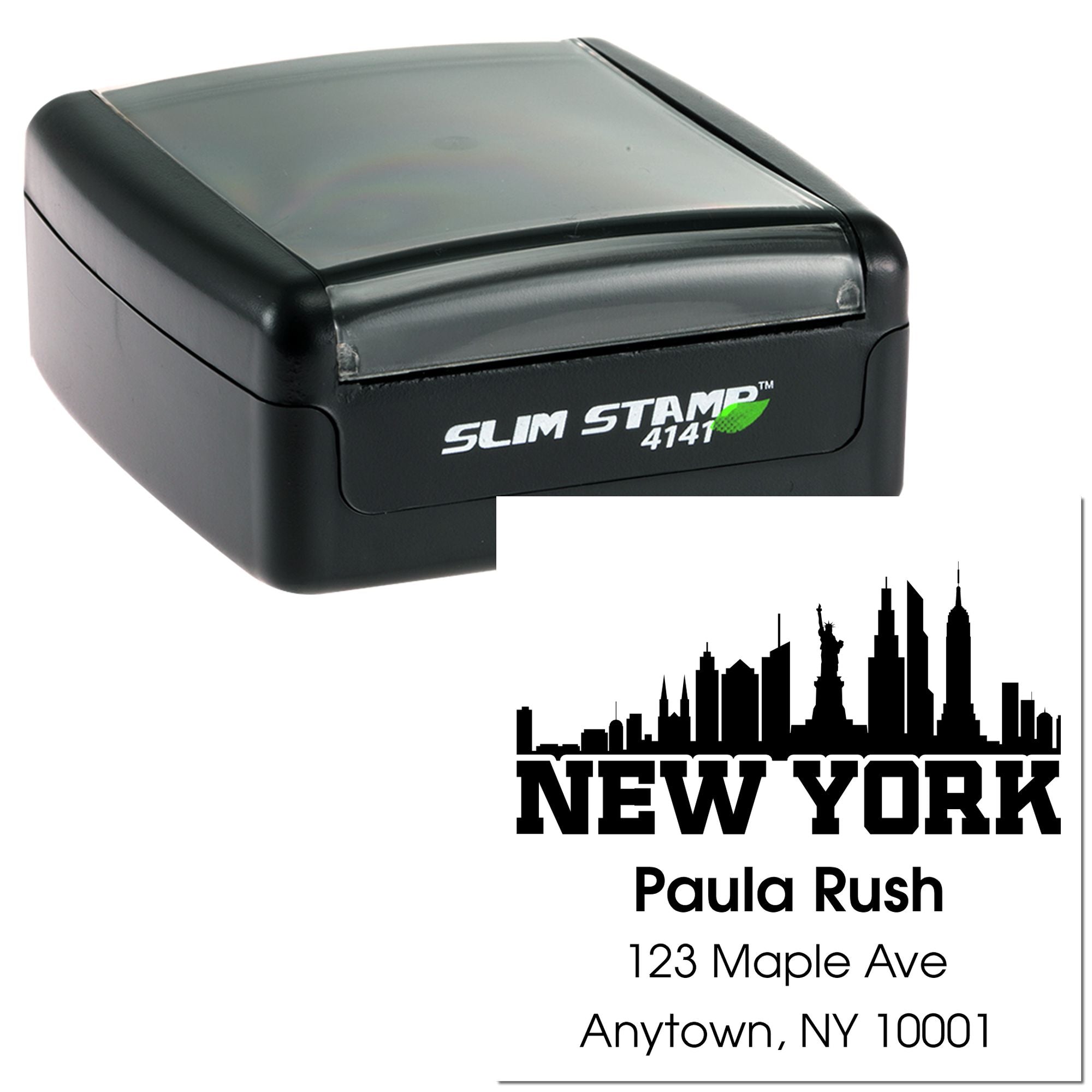 Slim Stamp custom self-inking rubber stamp with New York skyline, name, and address for personalized mail use.