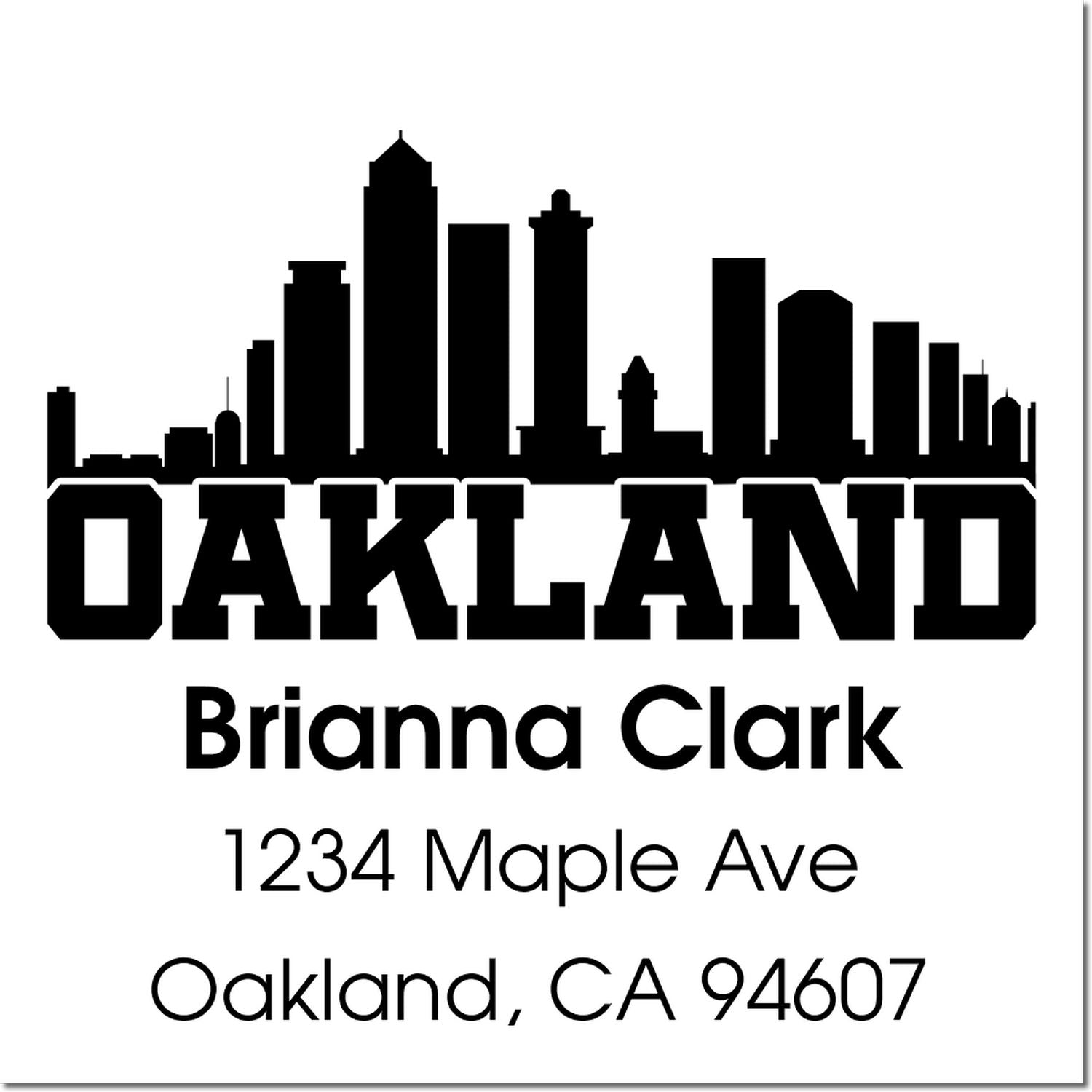 Custom Oakland return address rubber stamp with skyline, Brianna Clark, 1234 Maple Ave, Oakland, CA 94607.