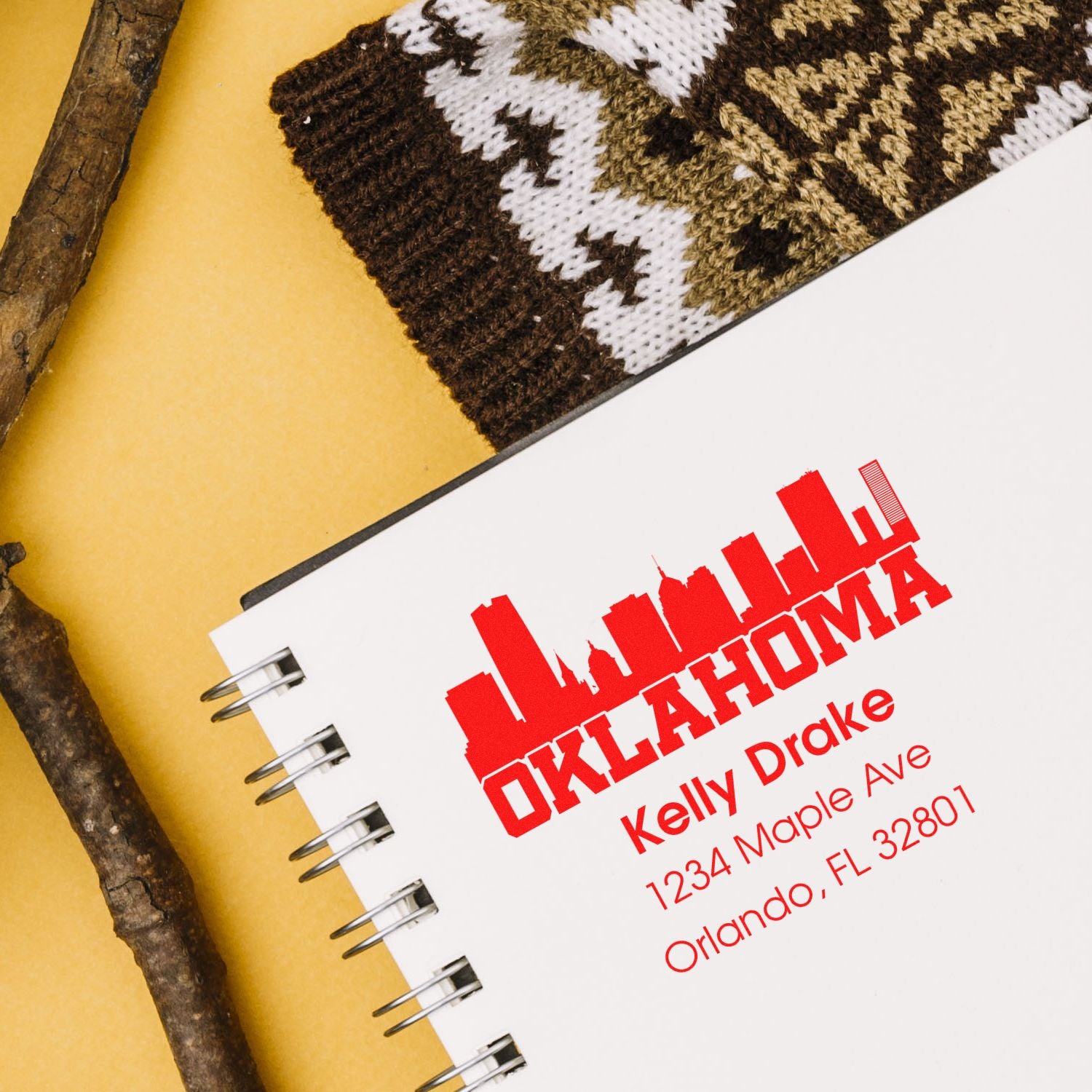 Custom address rubber stamp with Oklahoma skyline logo for Kelly Drake, featuring street address in Orlando, FL.