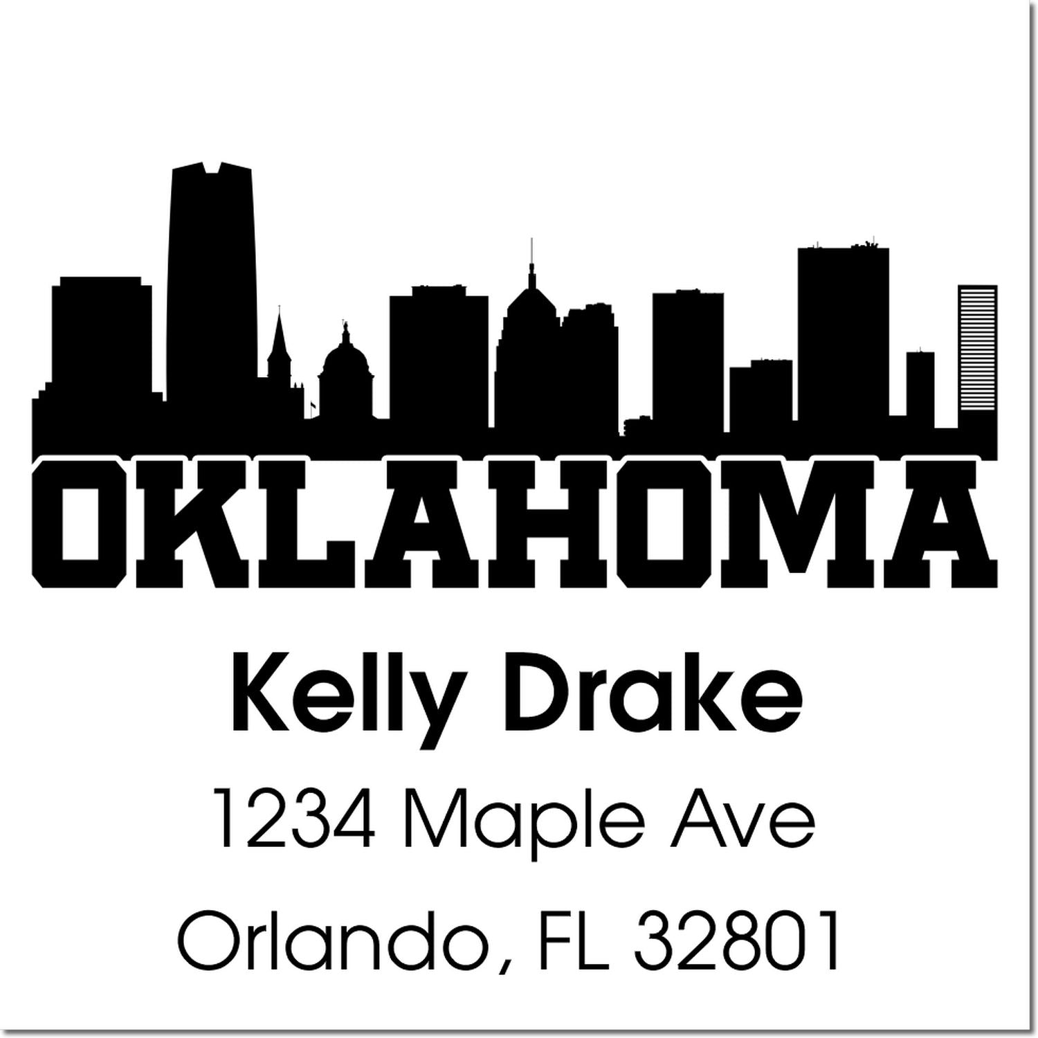 Custom Oklahoma skyline return address rubber stamp for Kelly Drake, 1234 Maple Ave, Orlando, FL 32801.