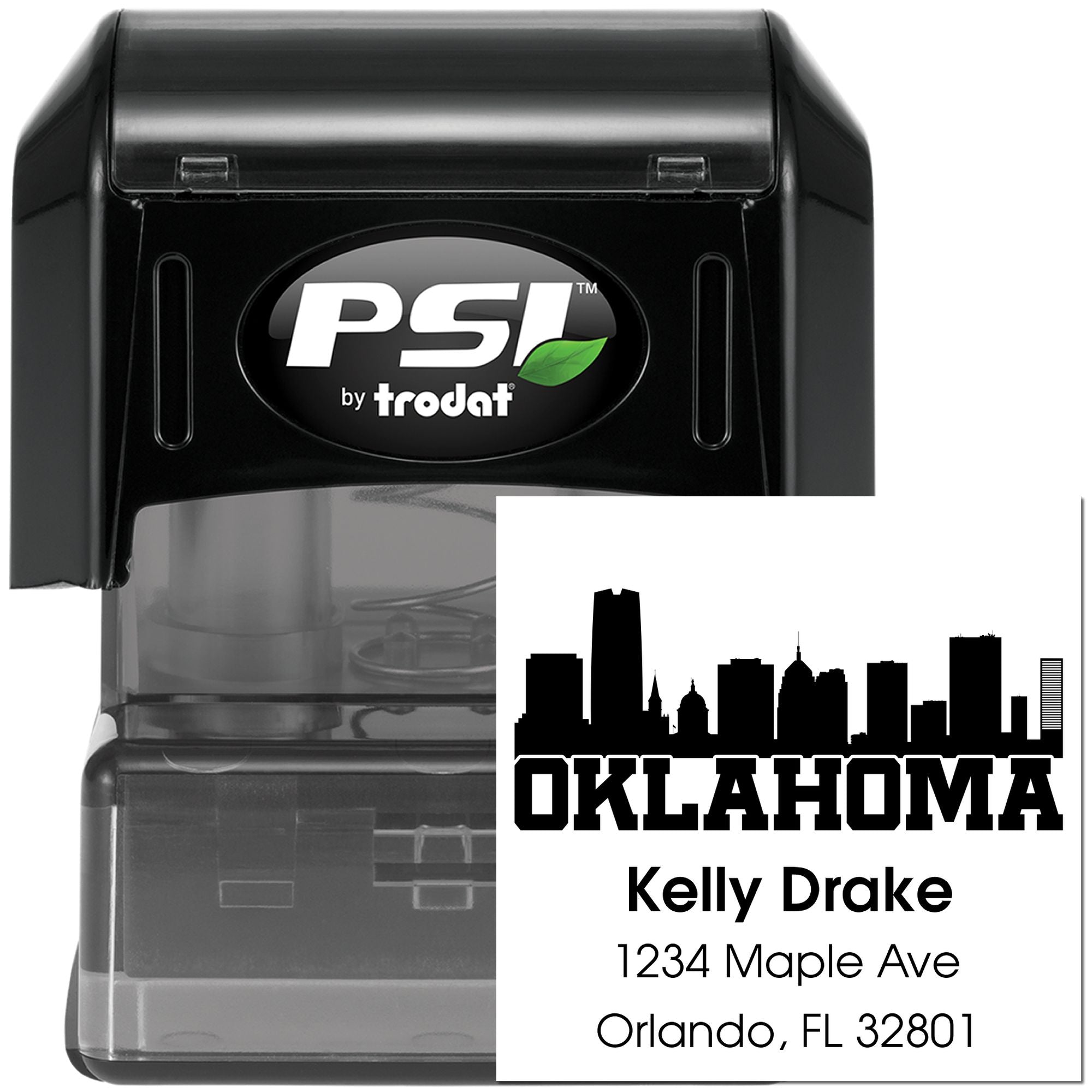 Custom self-inking rubber address stamp with Oklahoma skyline, name, and Orlando, FL mailing imprint.