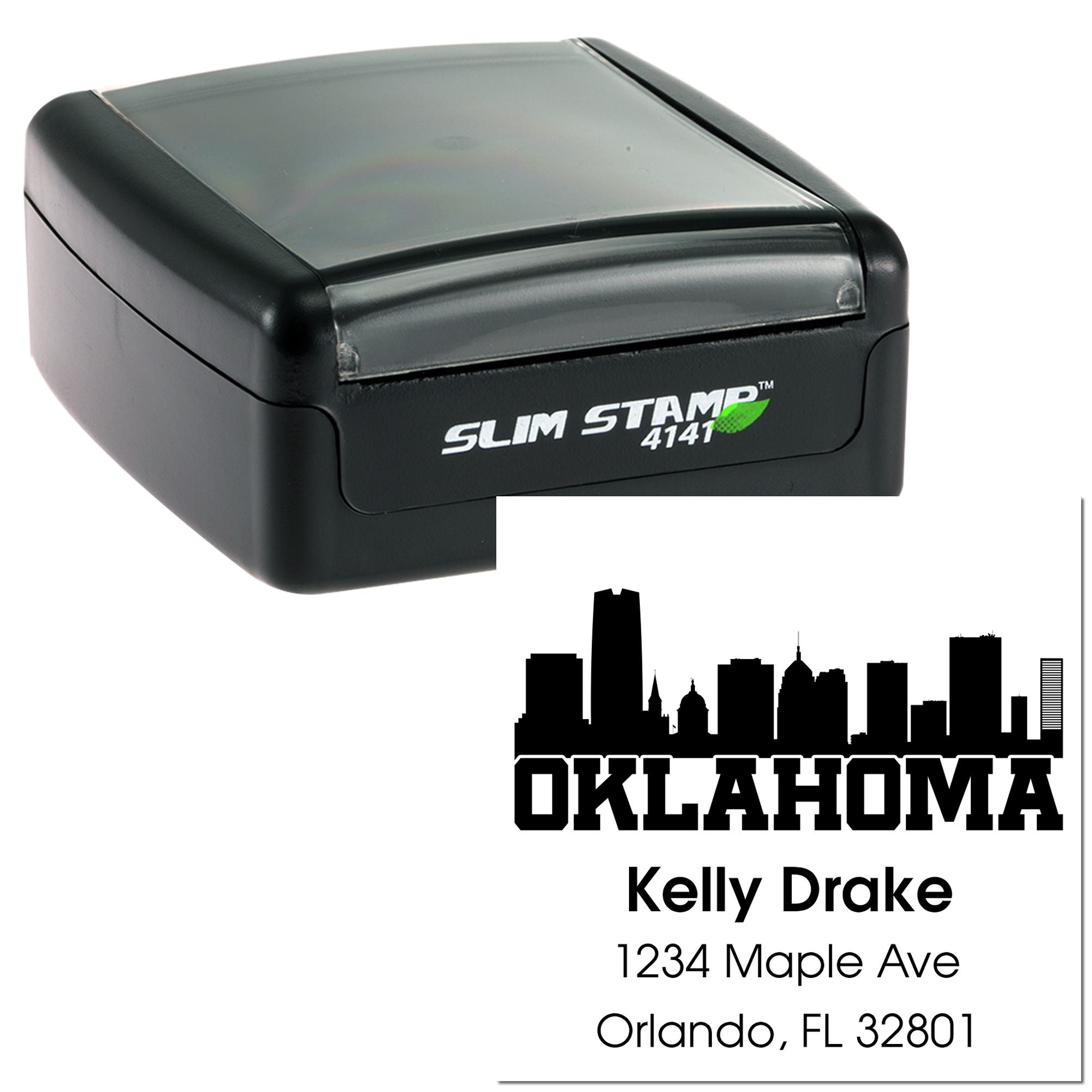 Custom Oklahoma skyline self-inking rubber stamp, Slim Stamp 4141, with Kelly Drake name and address imprint