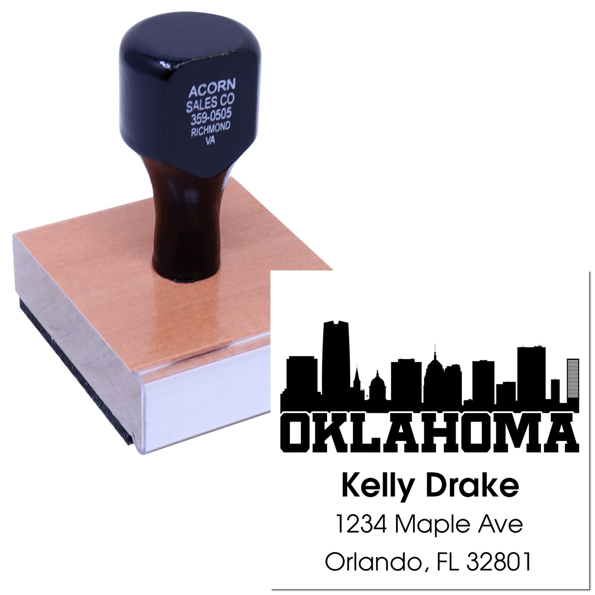 Custom self-inking rubber return address stamp with Oklahoma skyline and personalized name and address.