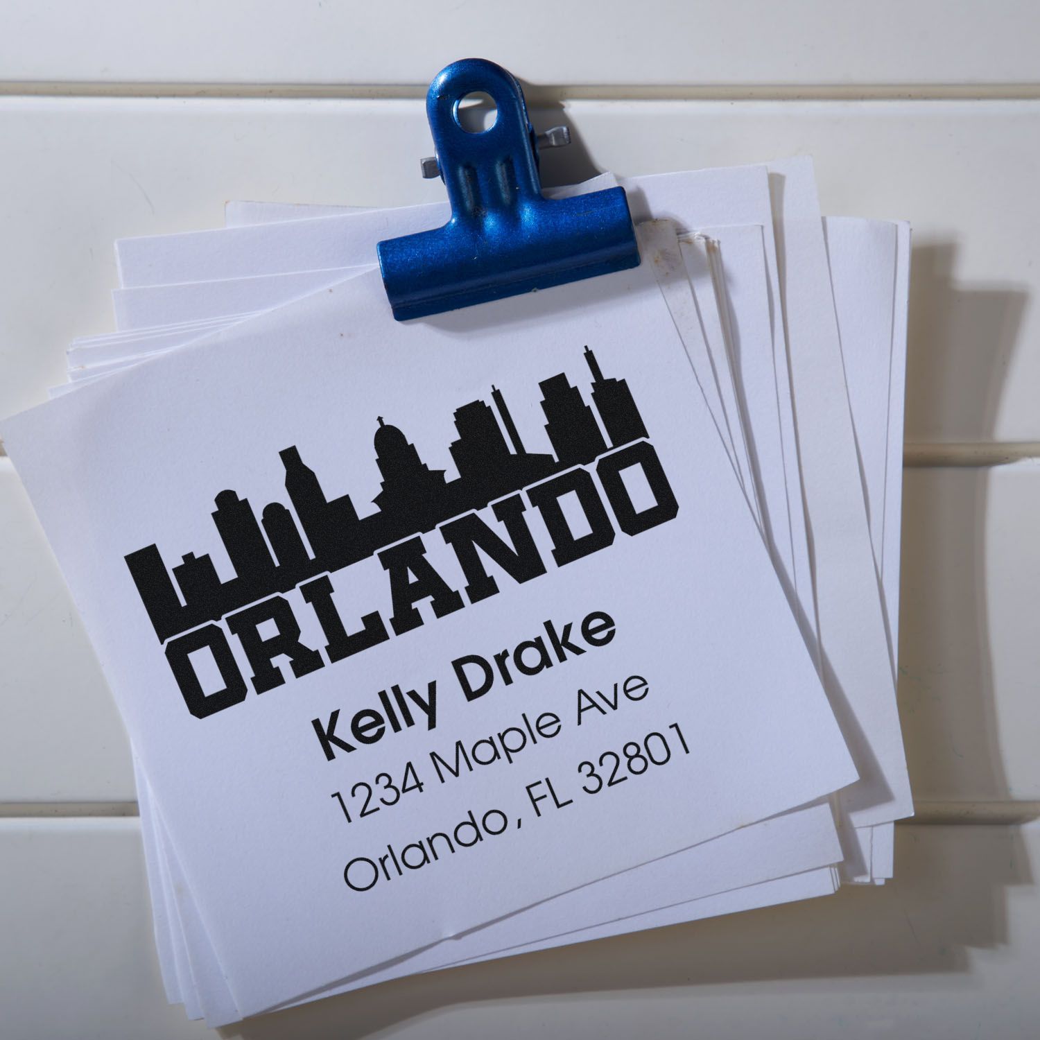 Custom Orlando address rubber stamp with skyline design for personalized return mailing labels and envelopes.