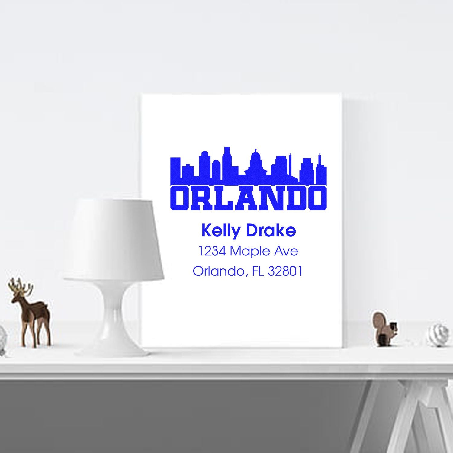Custom Orlando skyline rubber stamp with Kelly Drake name and Florida return address.