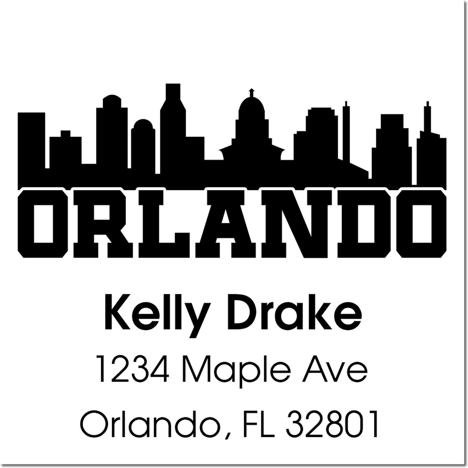 Custom Orlando address rubber stamp with skyline, featuring Kelly Drake, 1234 Maple Ave, Orlando, FL 32801.