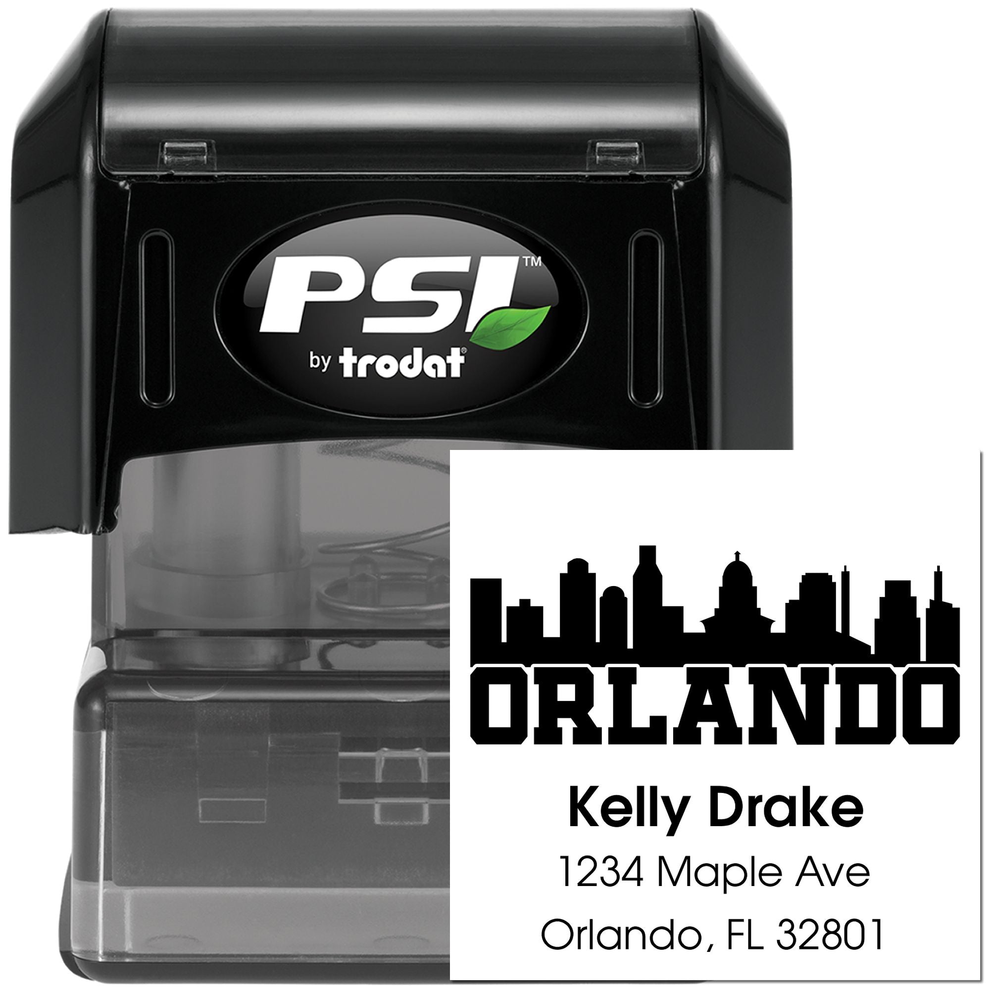 Custom self-inking address stamp with Orlando skyline design for Kelly Drake, Florida return address rubber stamp