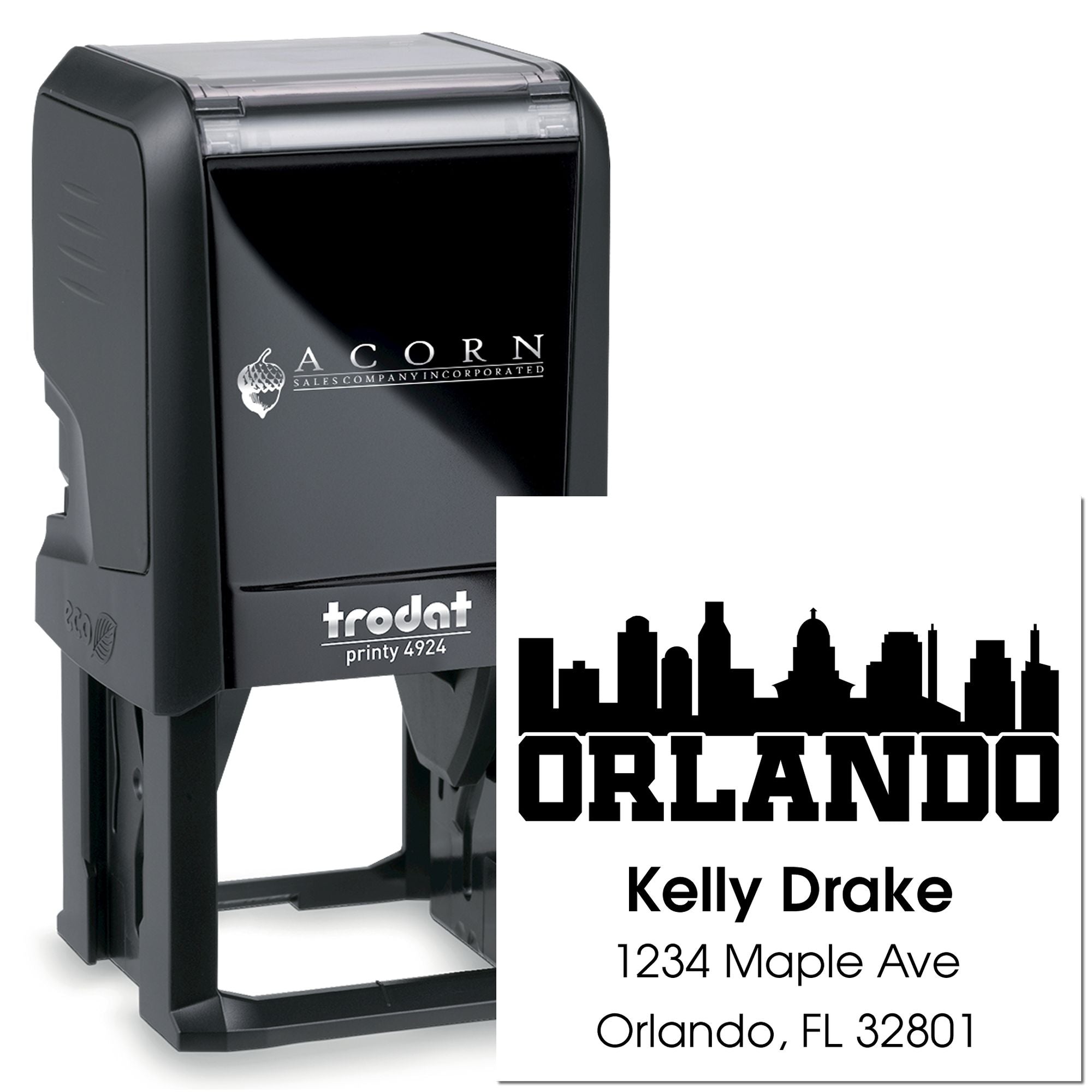 Personalized self-inking rubber stamp for Orlando address labels with city skyline design