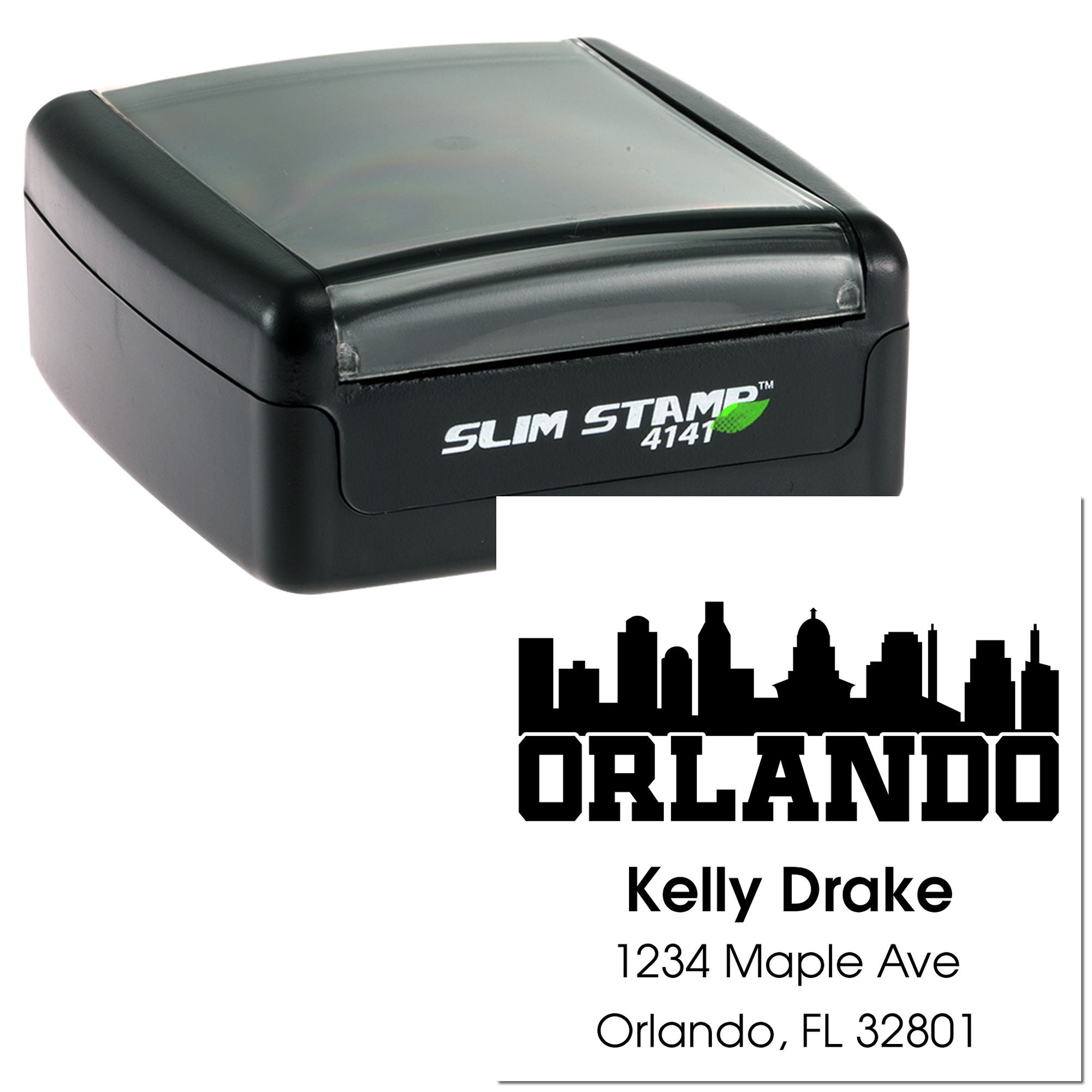 Custom self-inking rubber stamp with Orlando skyline return address imprint for mailing