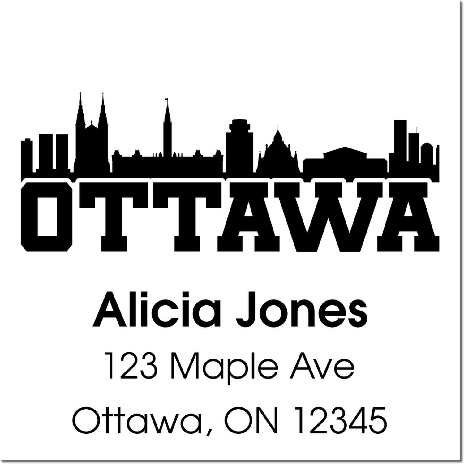 Custom Ottawa skyline return address rubber stamp with Alicia Jones, 123 Maple Ave, Ottawa, ON 12345