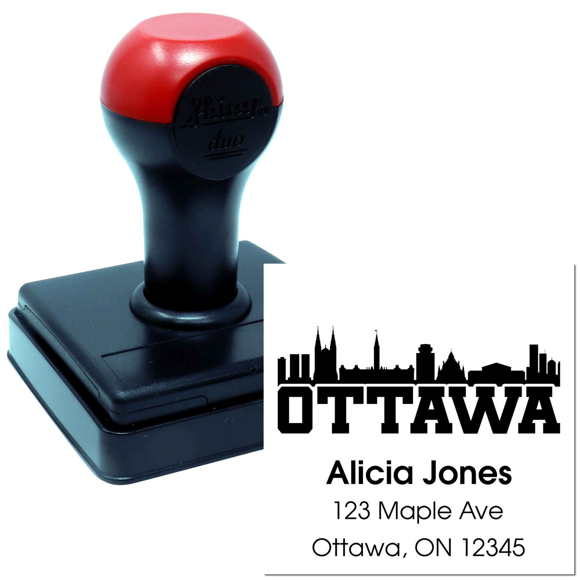 Custom Ottawa address rubber stamp with self-inking handle and personalized return address imprint for Alicia Jones.
