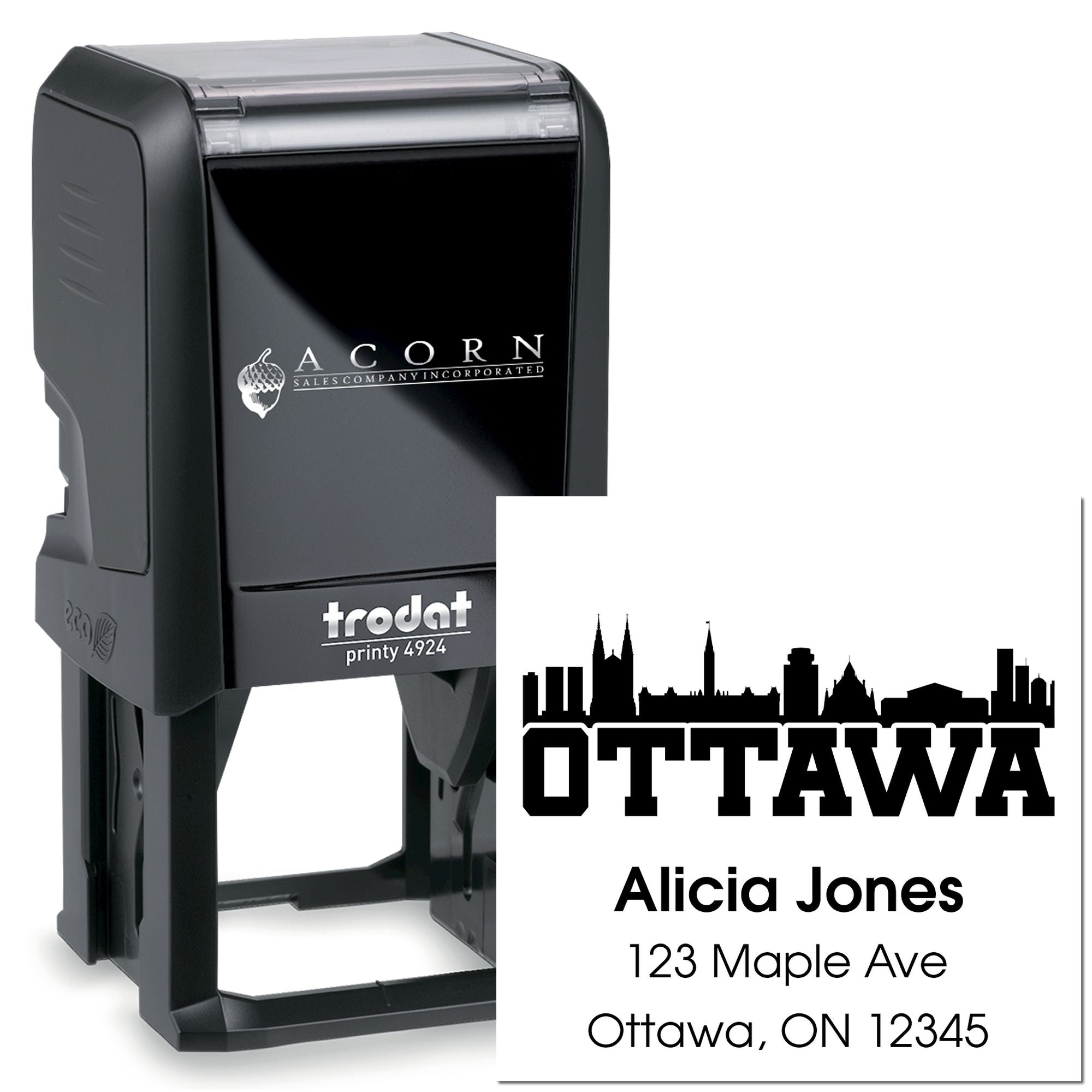 Self-inking custom address rubber stamp with Ottawa skyline and personalized name and address imprint preview.