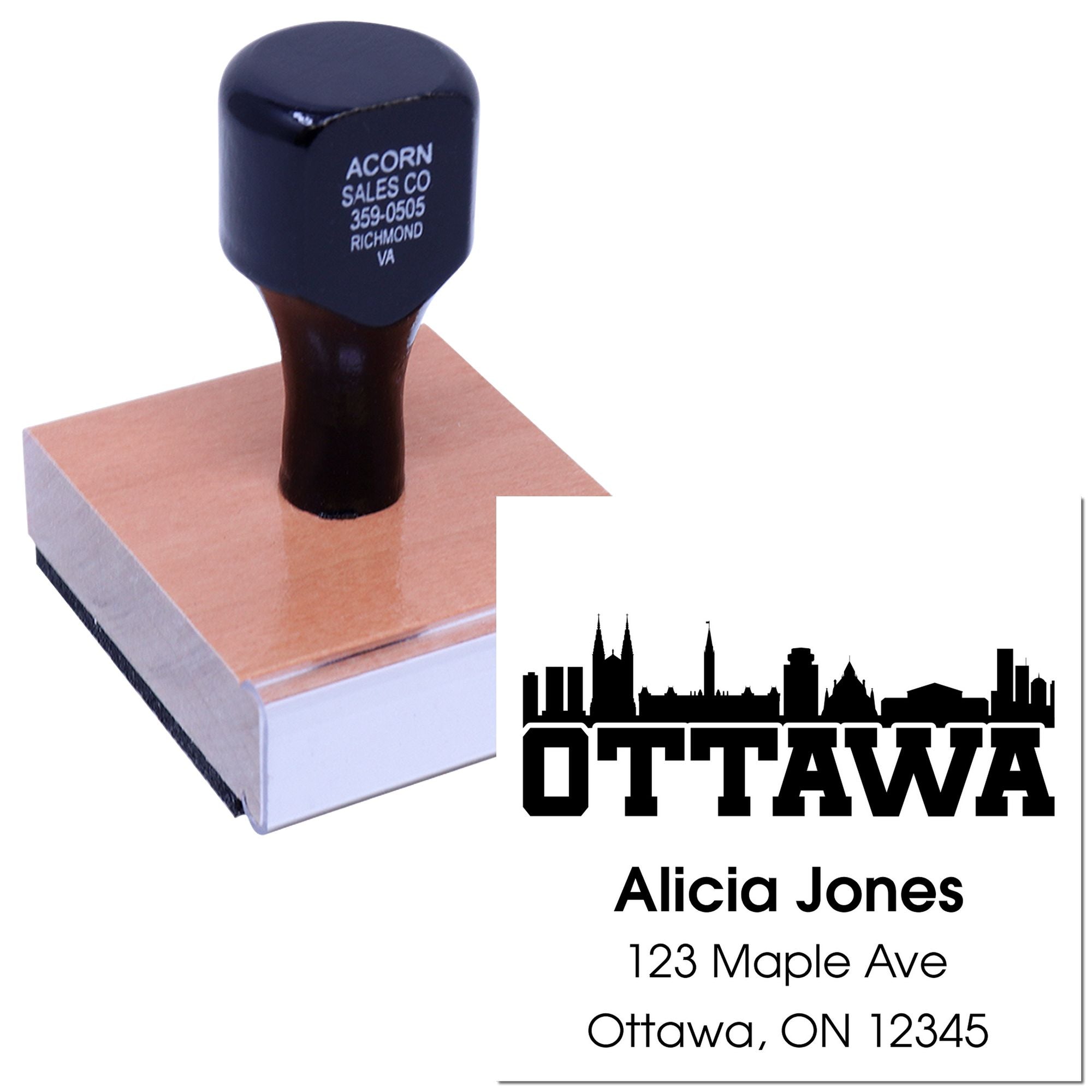 Custom Ottawa return address rubber stamp with skyline design, personalized name, and address for mailing use.