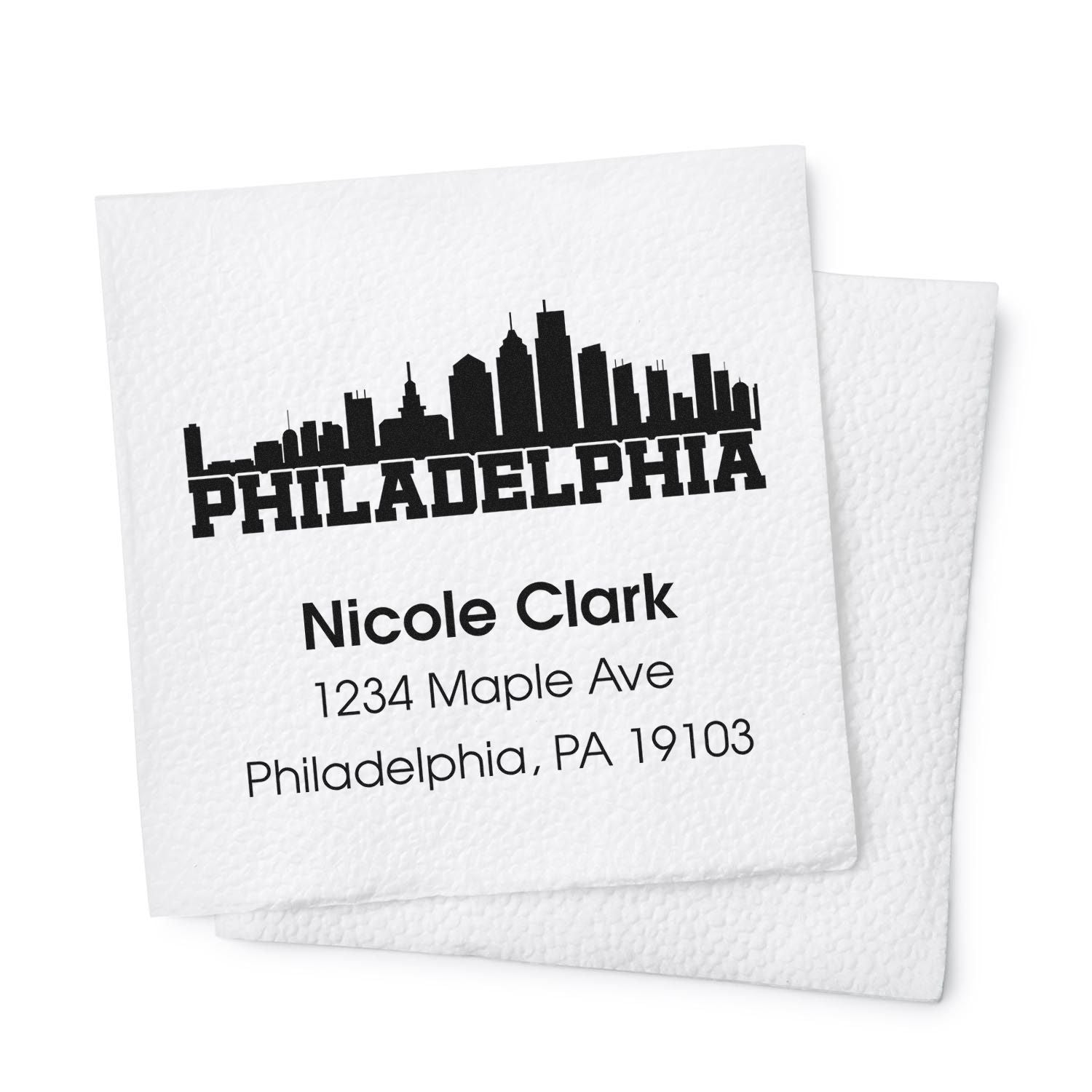 Personalized Philadelphia skyline return address rubber stamp with Nicole Clark name, street address, and PA ZIP code