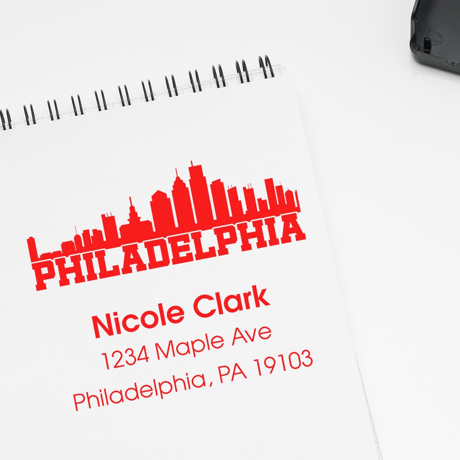 Custom Philadelphia return address rubber stamp with skyline for Nicole Clark, 1234 Maple Ave, Philadelphia, PA 19103
