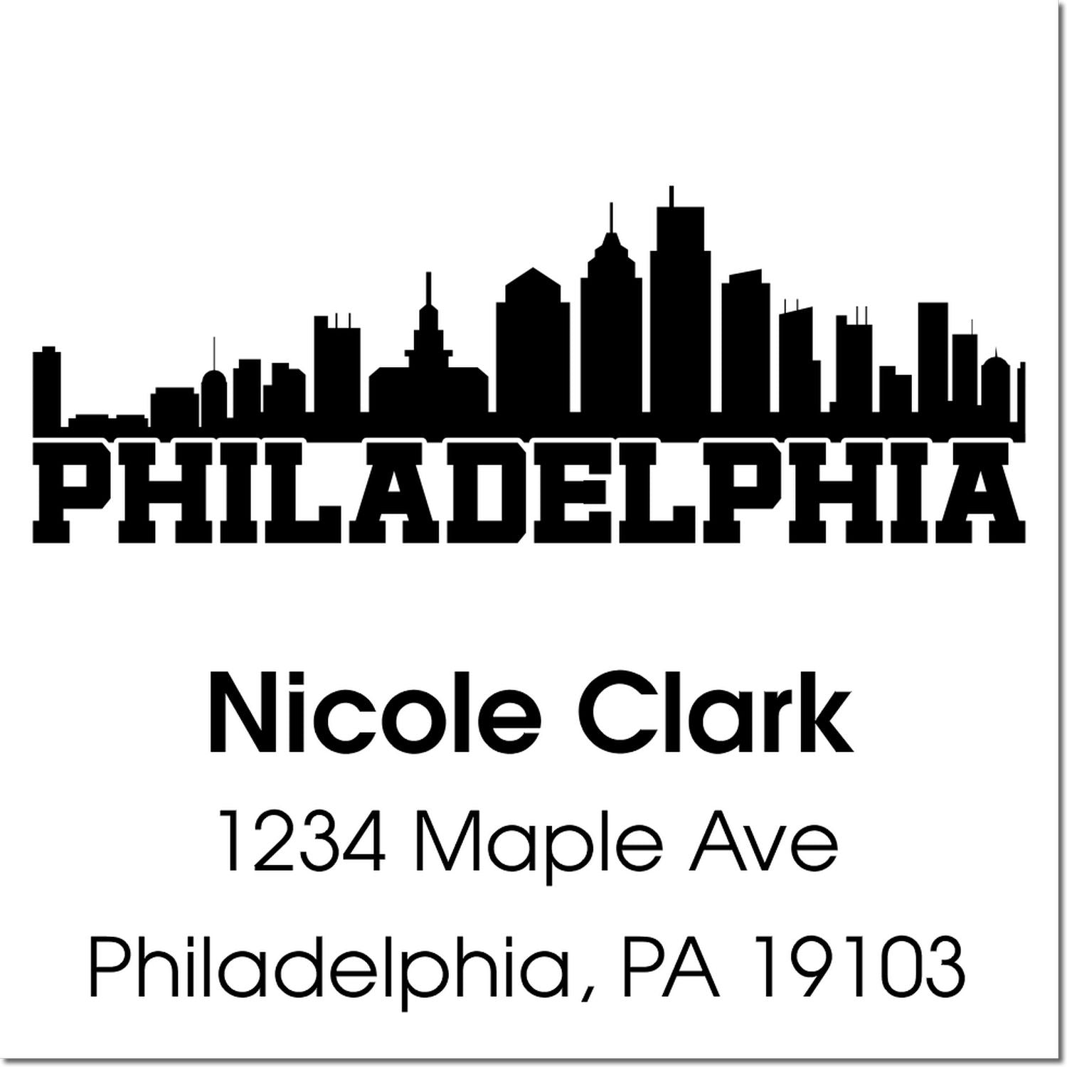 Custom Philadelphia rubber address stamp with skyline, Nicole Clark, 1234 Maple Ave, Philadelphia, PA 19103.