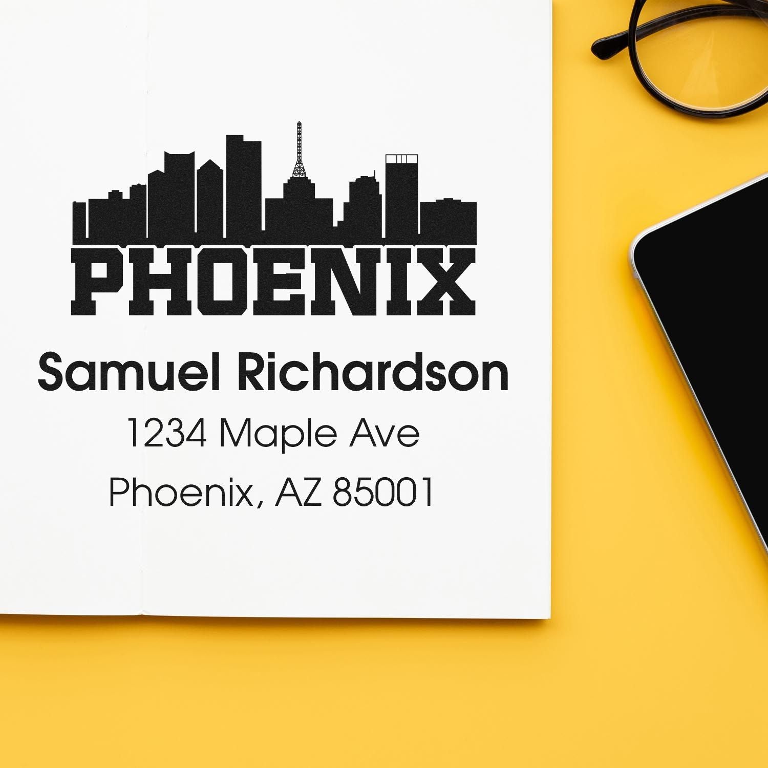 Custom Phoenix address rubber stamp with skyline design for Samuel Richardson, 1234 Maple Ave, Phoenix, AZ 85001