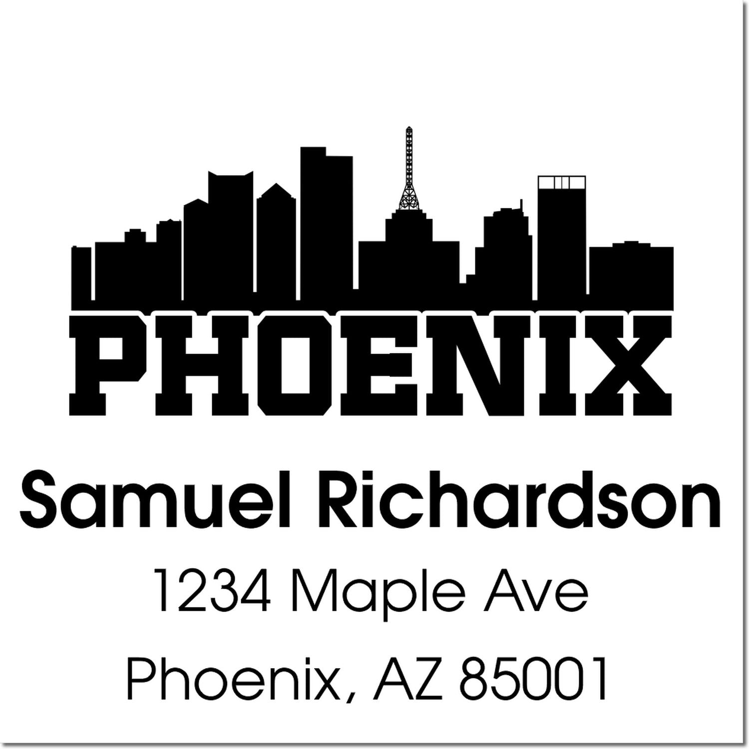 Custom Phoenix address rubber stamp with skyline, Samuel Richardson name, and return address, Phoenix, AZ 85001.
