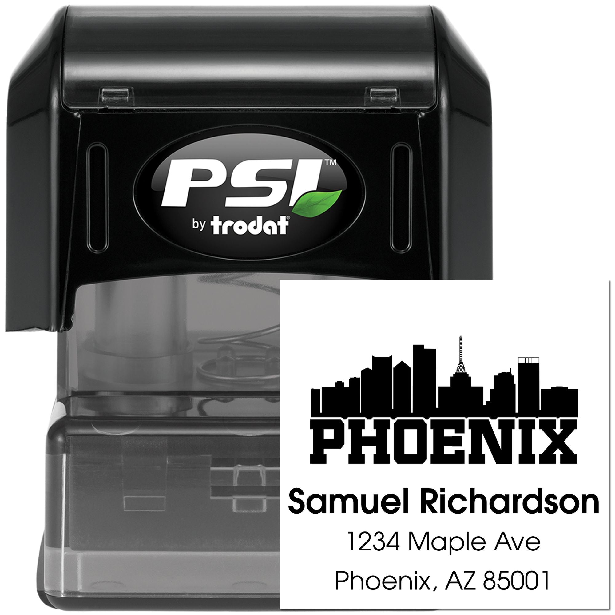 Custom self-inking rubber return address stamp by PSI Trodat with Phoenix skyline and Samuel Richardson address.