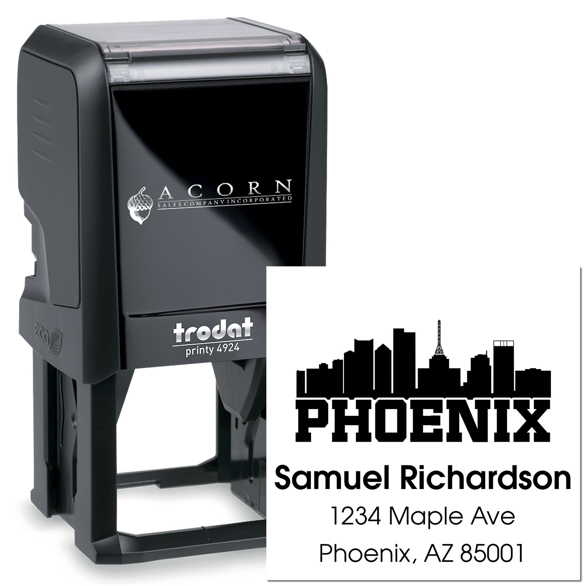 Custom self-inking Phoenix address rubber stamp with skyline design for business mailings and return addresses.