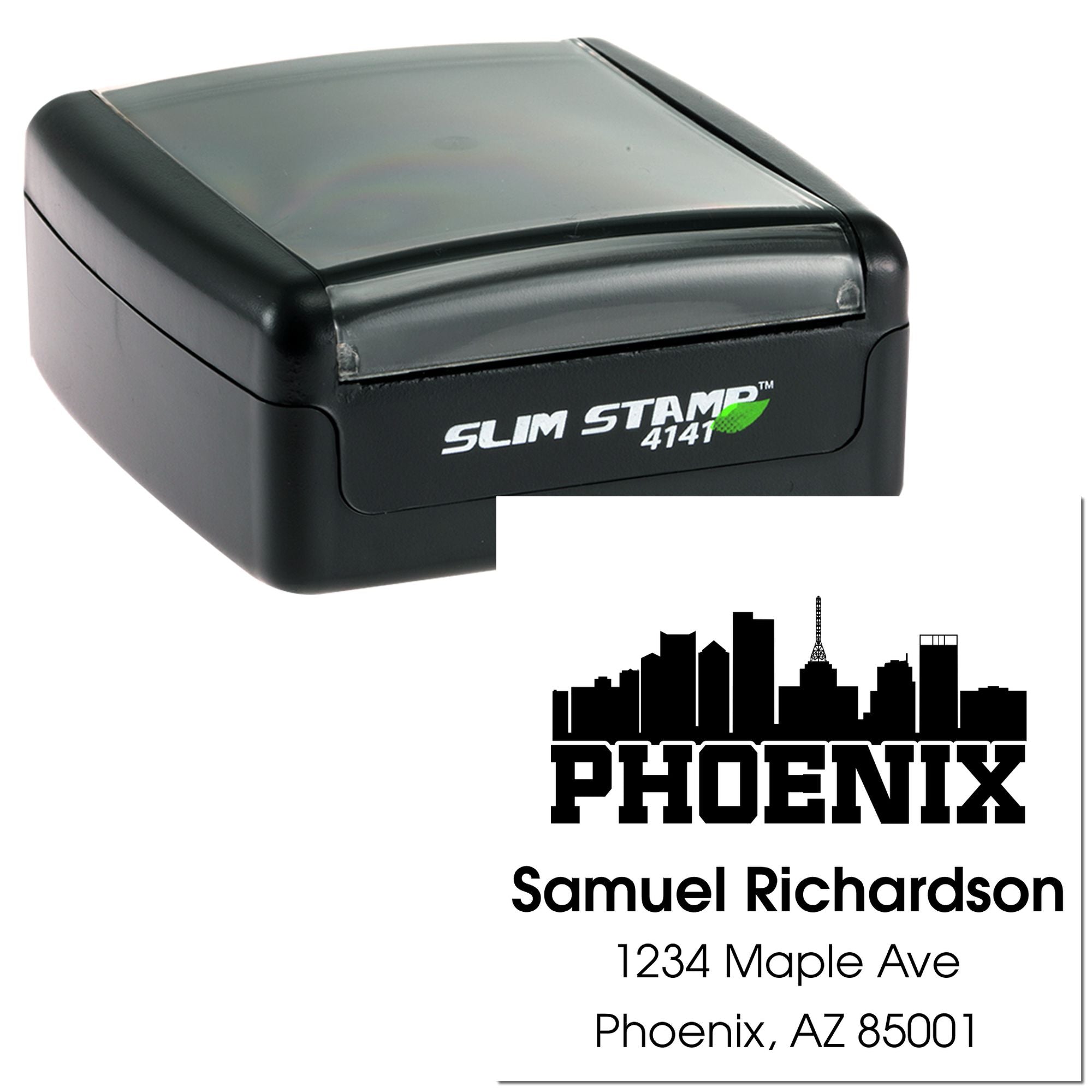 Custom self-inking rubber stamp with Phoenix skyline address imprint for Samuel Richardson, 1234 Maple Ave, Phoenix, AZ 85001.