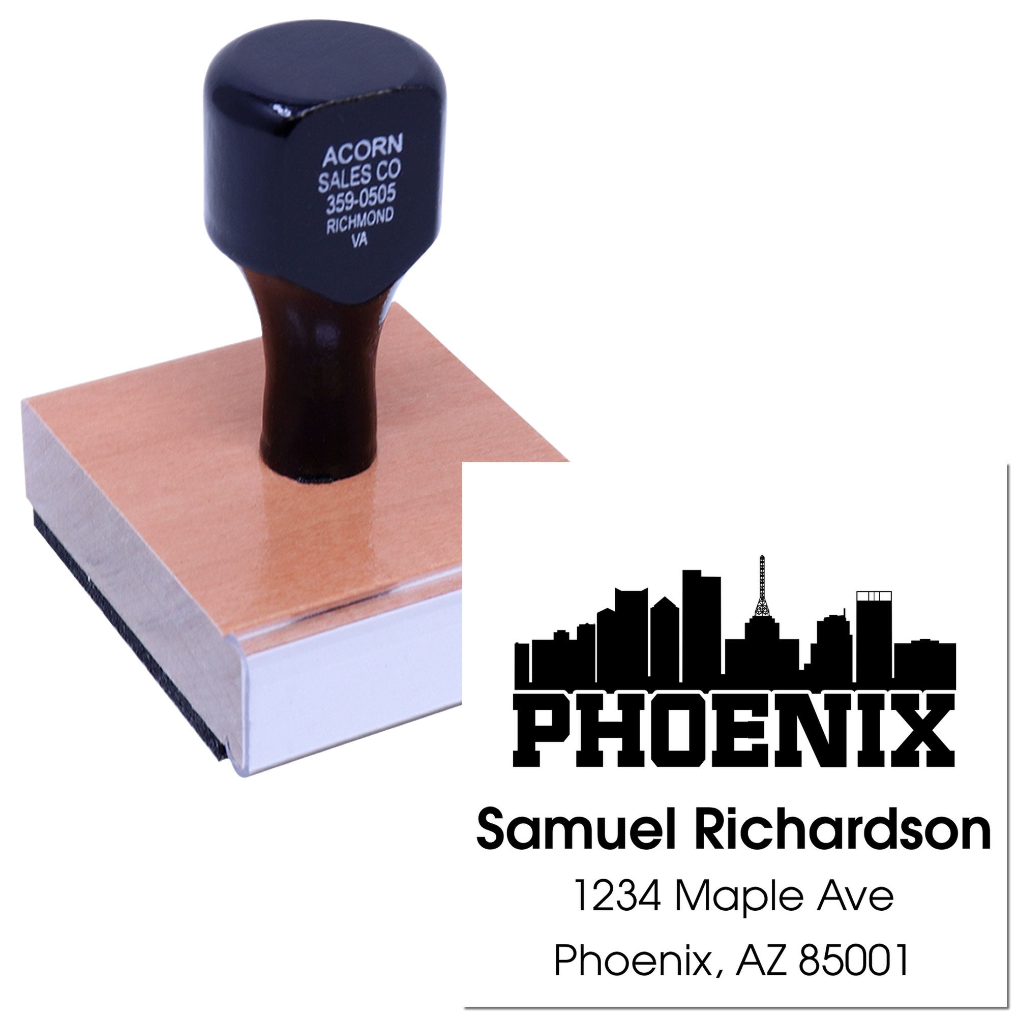 Custom self-inking rubber stamp with Phoenix skyline and Samuel Richardson return address design.