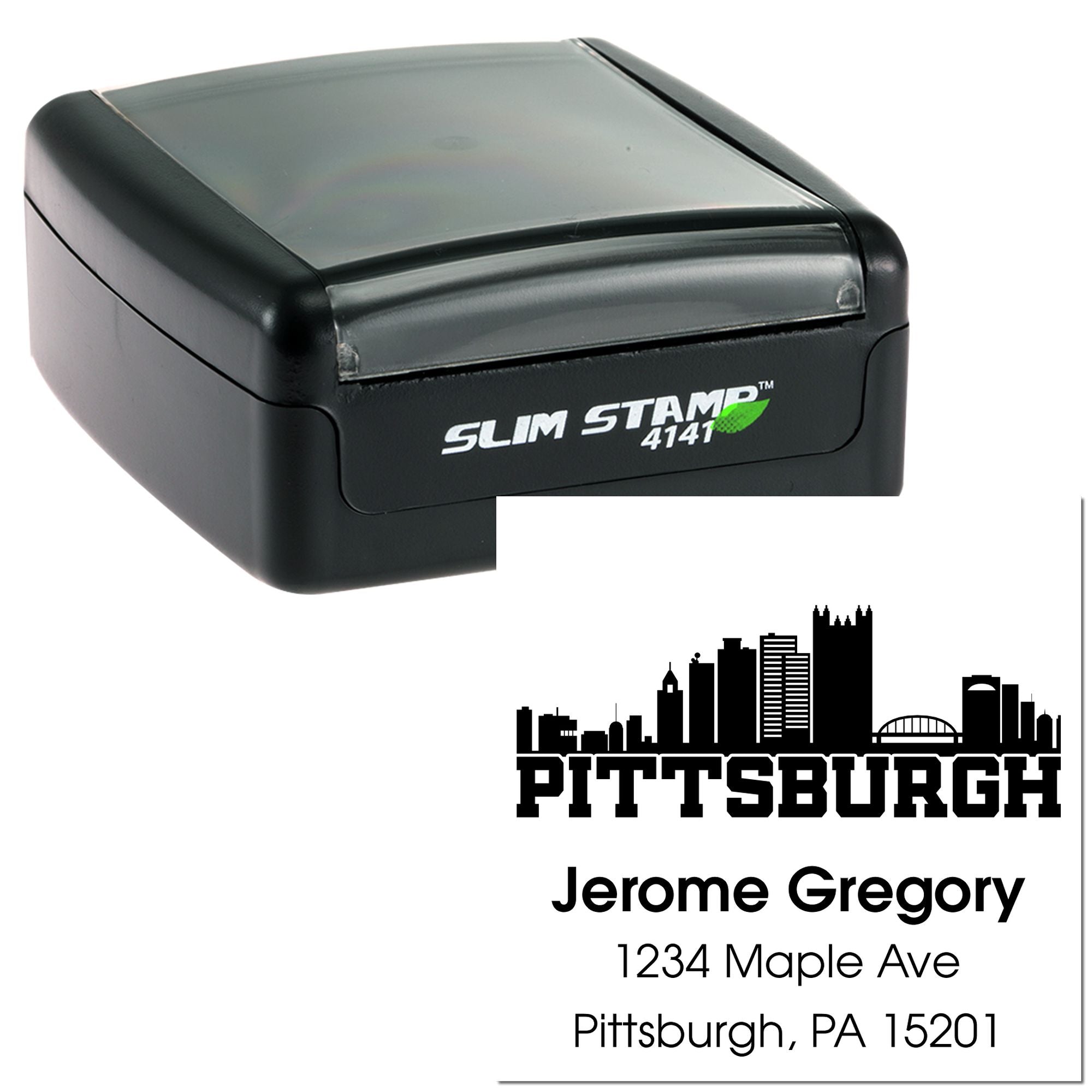 Custom Pittsburgh return address rubber stamp with self-inking Slim Stamp 4141, skyline logo, name, and address.