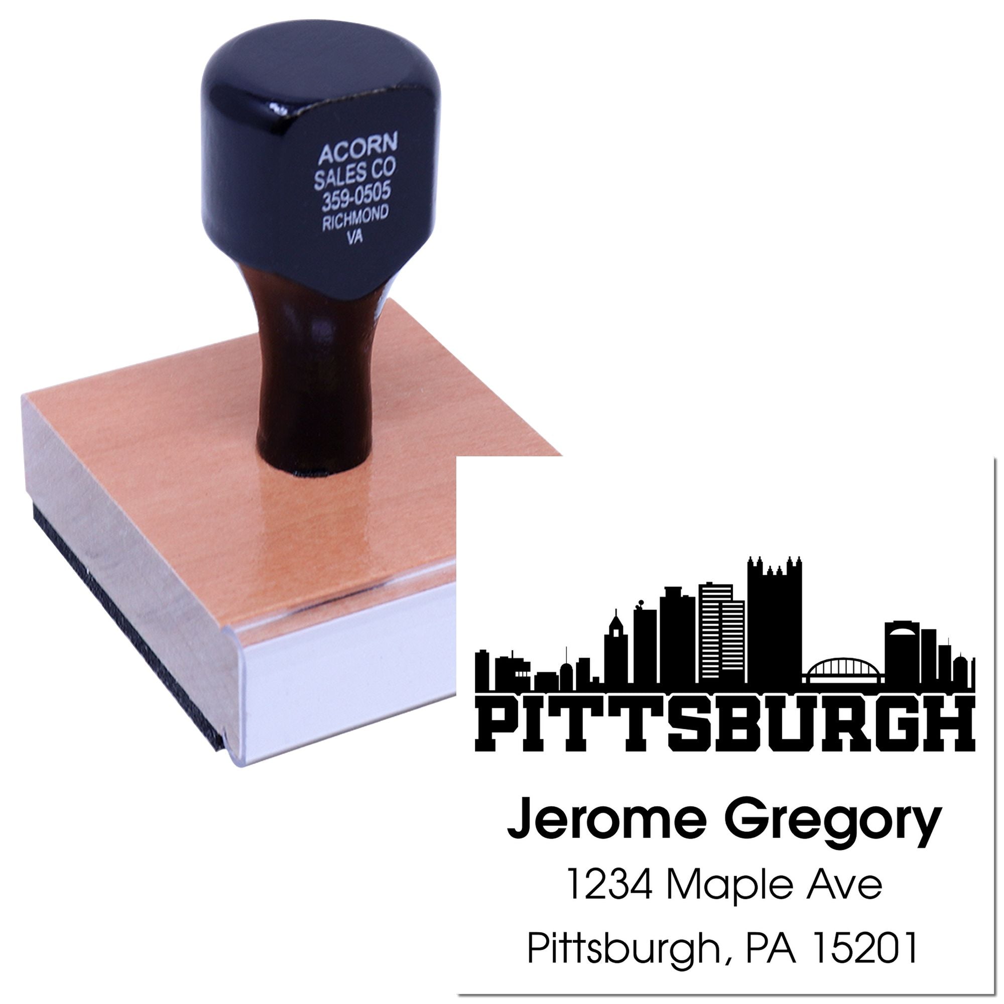 Custom Pittsburgh return address rubber stamp with skyline logo for business mailing and branding