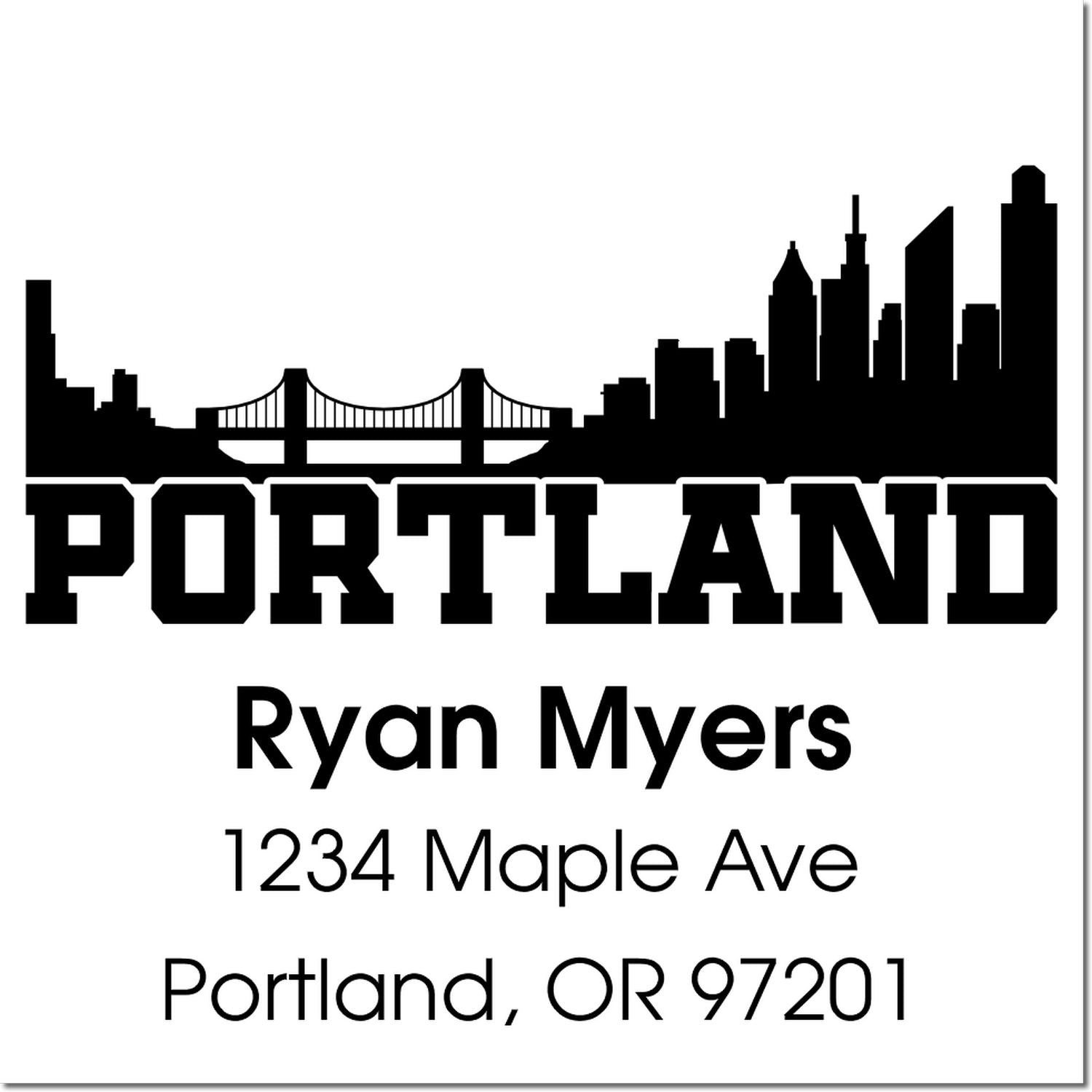 Custom Portland return address rubber stamp with skyline, Ryan Myers, 1234 Maple Ave, Portland, OR 97201
