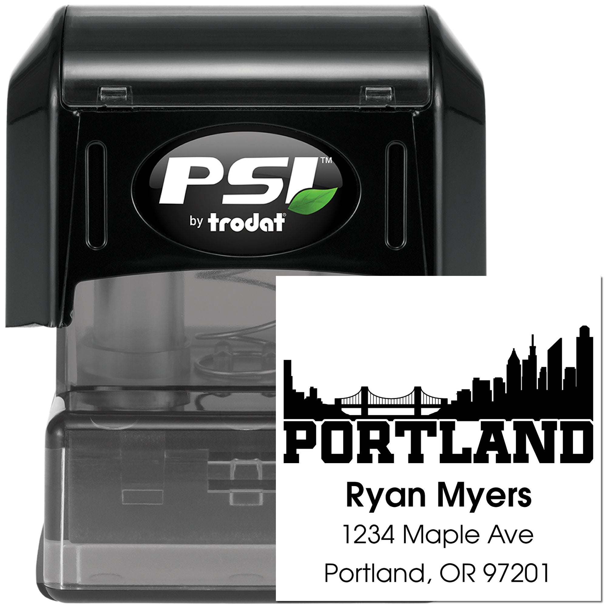 Custom Portland return address rubber stamp with skyline design, name and address, featuring PSI by Trodat self-inking stamp.