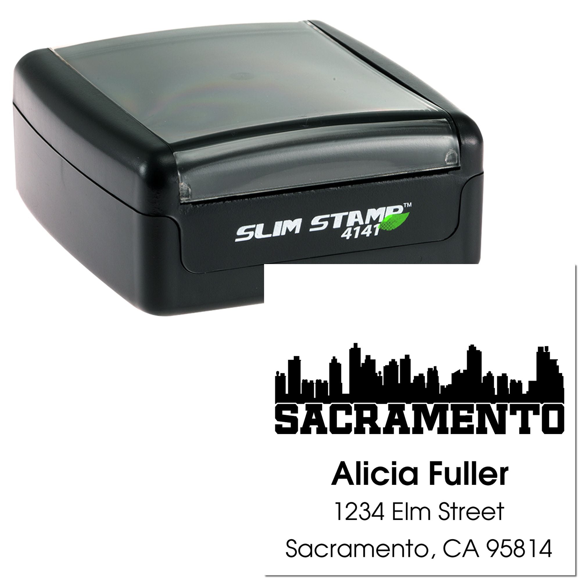 Personalized self-inking rubber address stamp with Sacramento skyline, Alicia Fuller name, and return address.