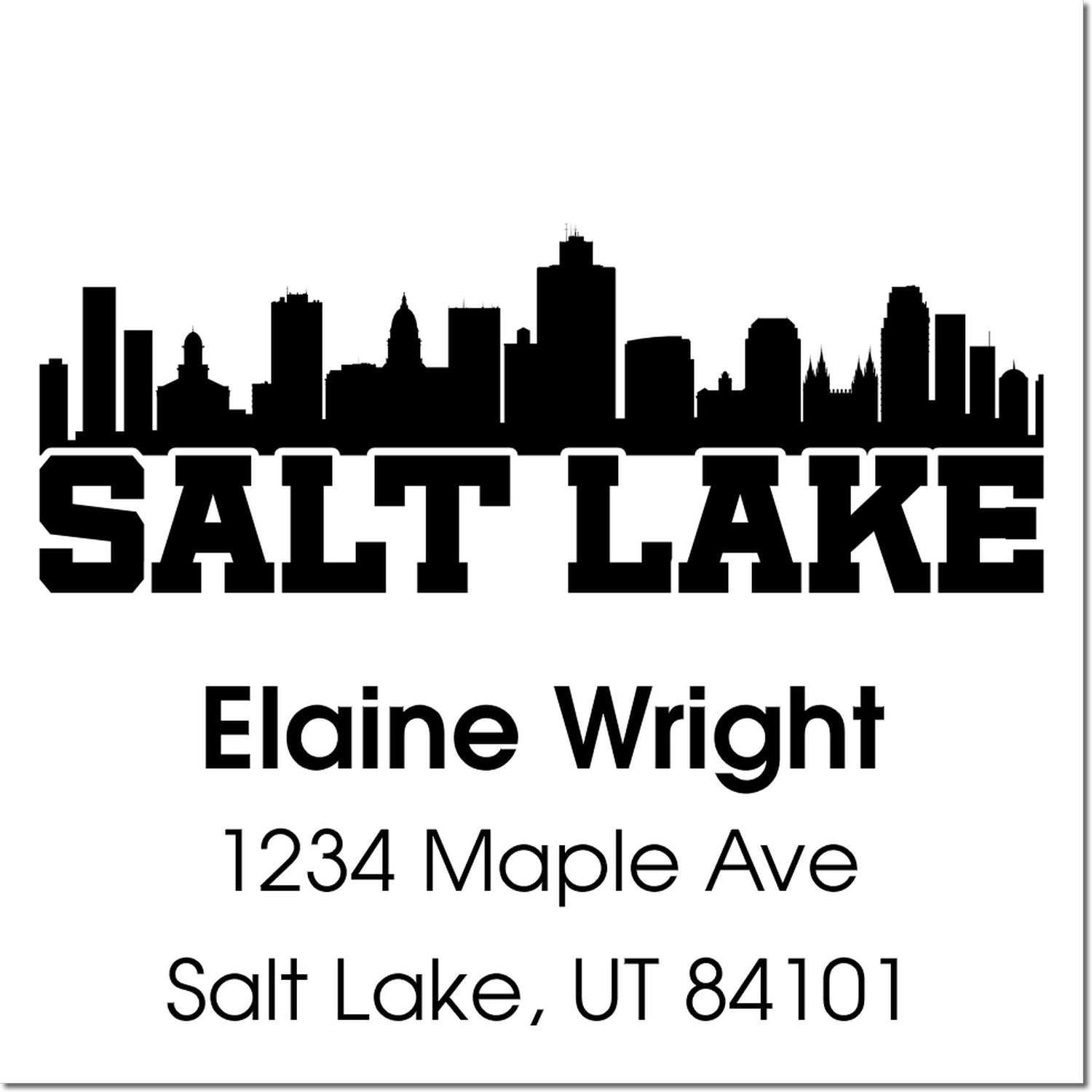 Custom Salt Lake address rubber stamp with skyline, Elaine Wright, 1234 Maple Ave, Salt Lake, UT 84101.