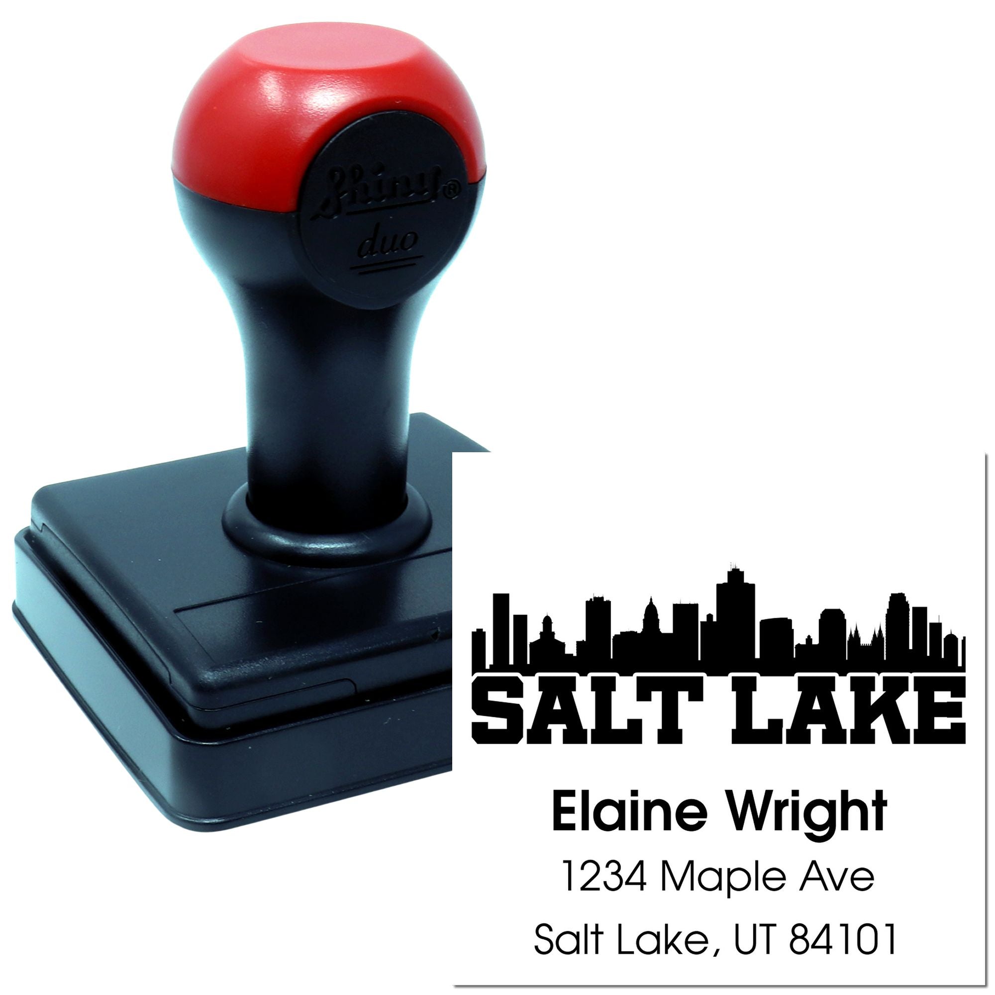 Custom self-inking Salt Lake address rubber stamp with skyline design for personalized mailing and branding.
