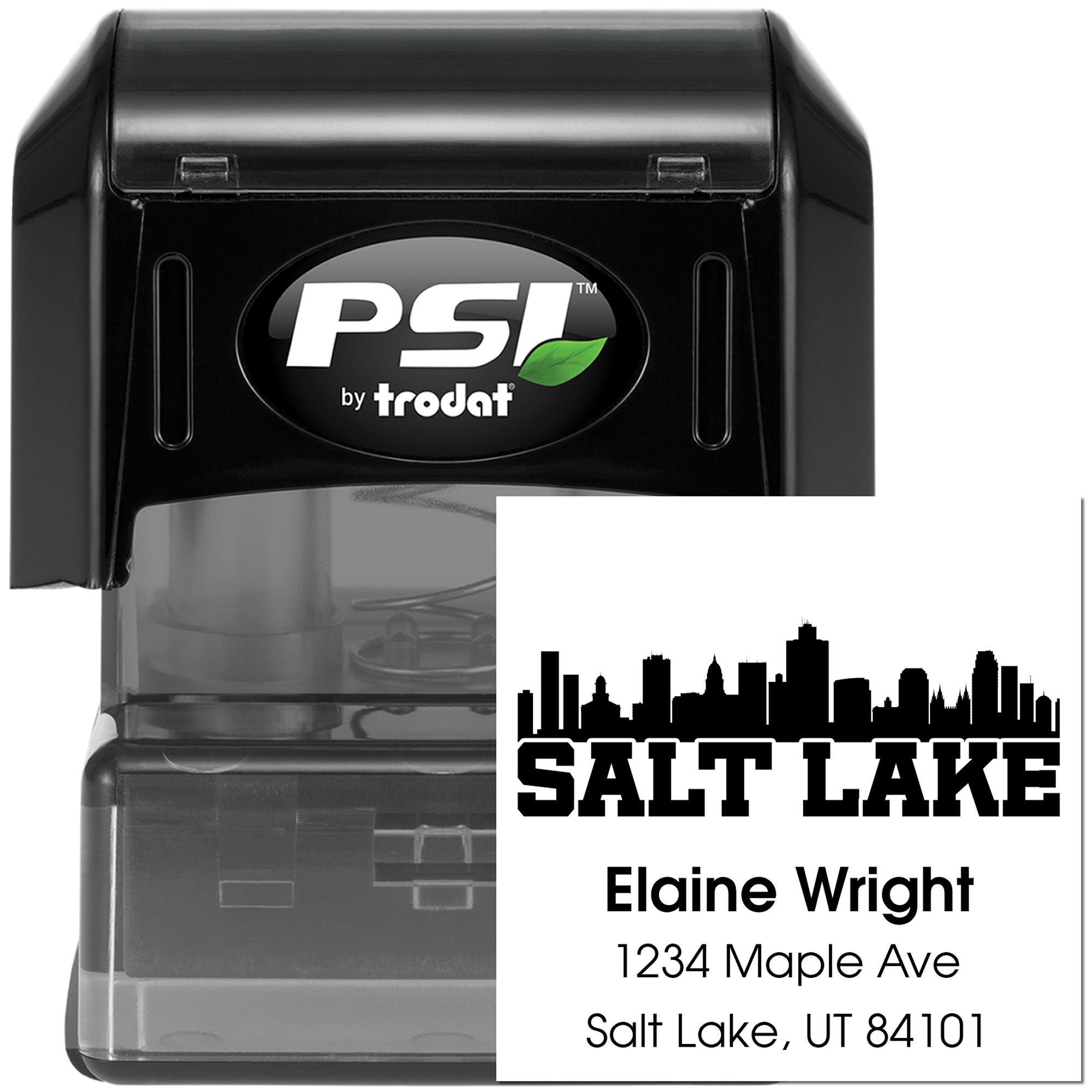 Custom Salt Lake City self-inking rubber address stamp with skyline design, featuring Elaine Wright and 1234 Maple Ave.