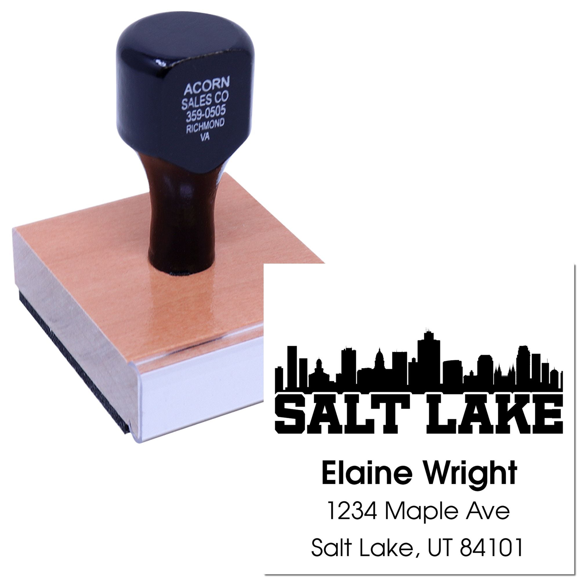 Custom Salt Lake address rubber stamp featuring skyline design and return address imprint for Elaine Wright.
